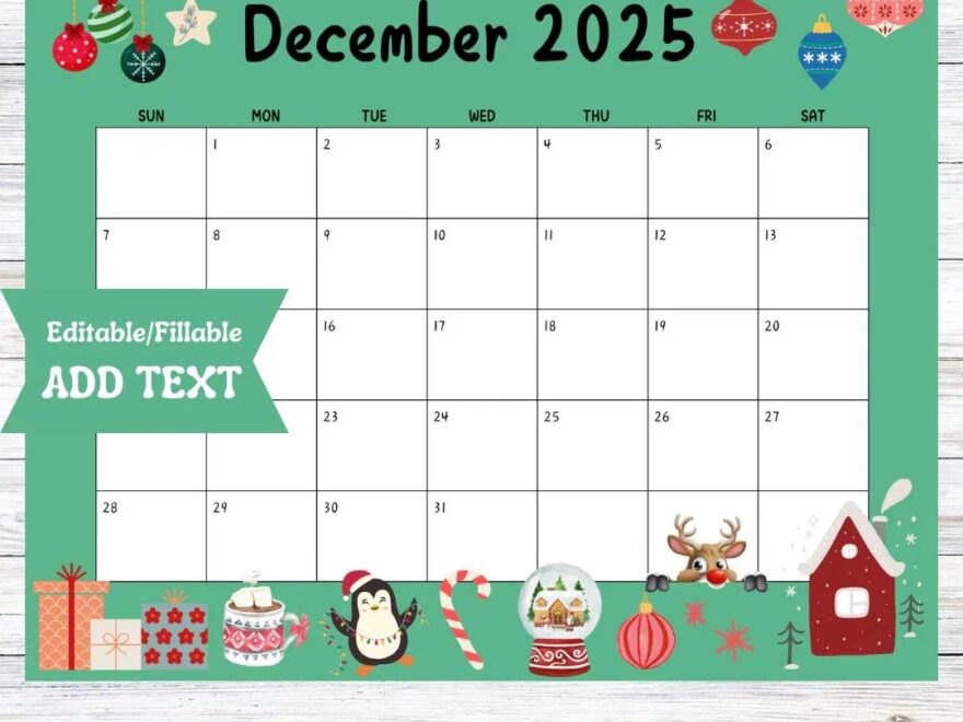 Editable December 2025 Calendar Fillable Printable Digital Download Snow Globe Christmas Trees School Schedule Office Meetings Plan Etsy