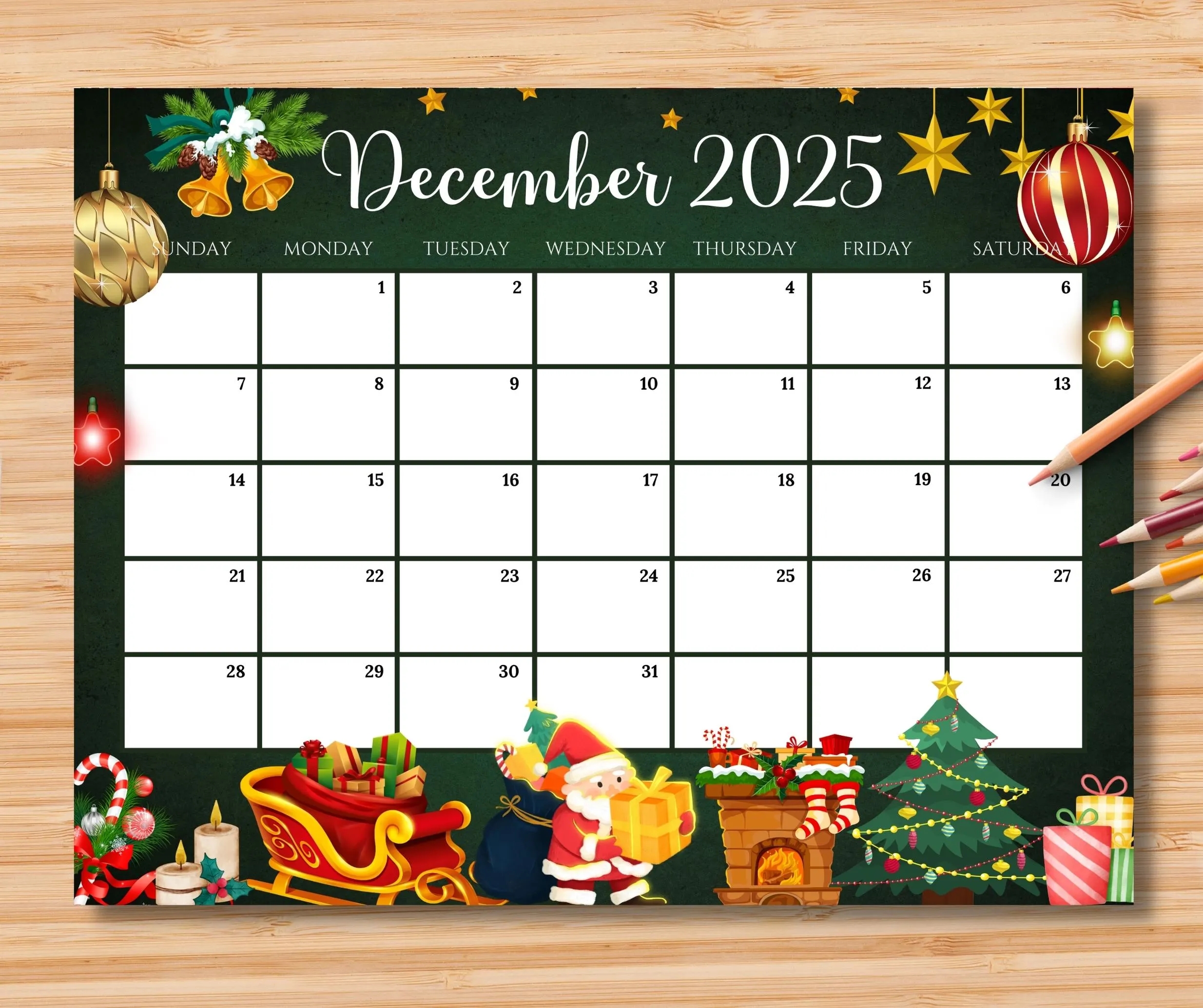 EDITABLE December 2025 Calendar Gorgeous Christmas W Santa Claus Gifts Ornaments Printable Monthly Planner For Kids School Home Work Etsy