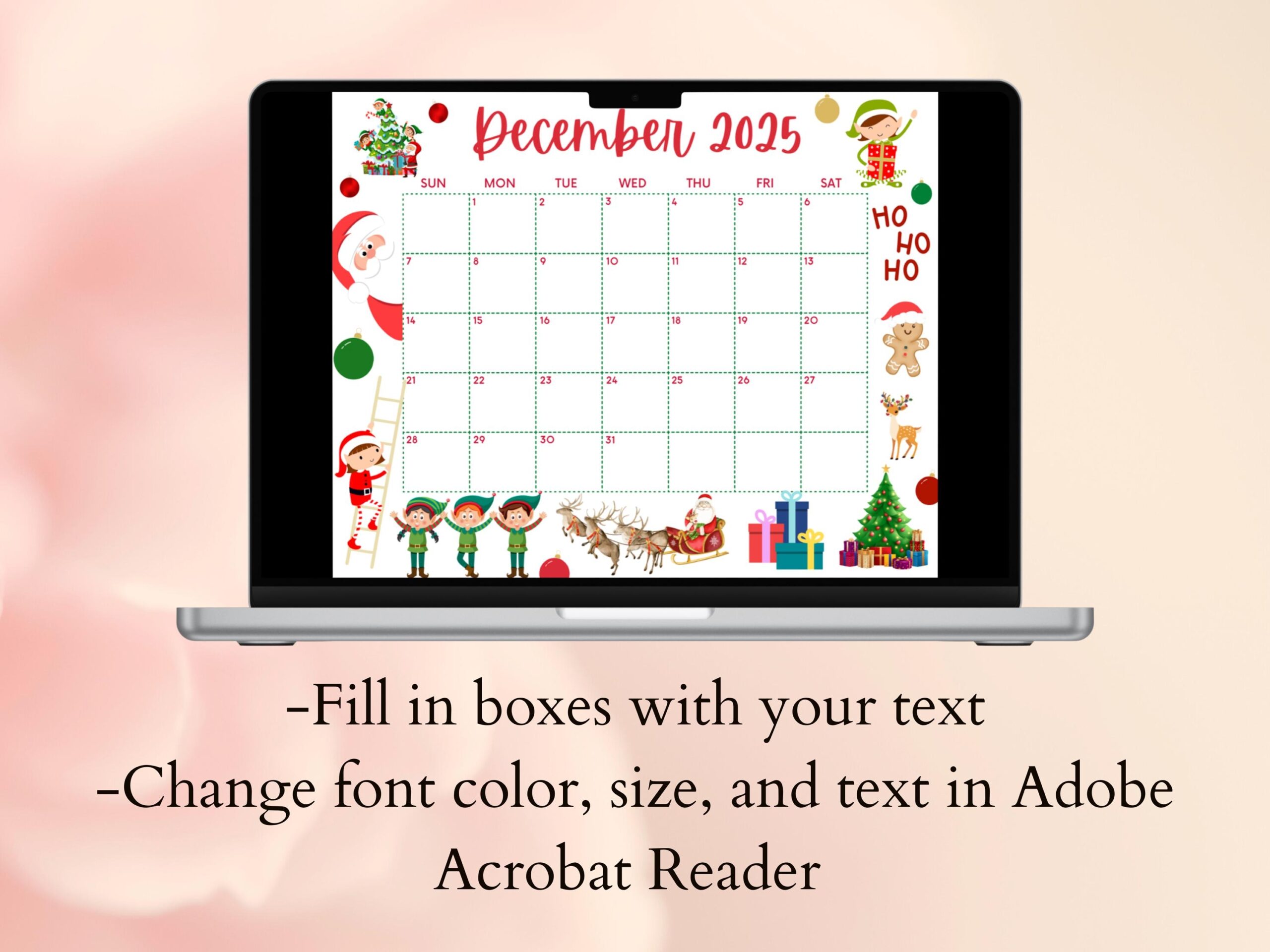 Editable December 2025 Calendar Printable Christmas Calendar W Santa And Elves Holiday Calendar School Calendar Green And Red Holiday Etsy