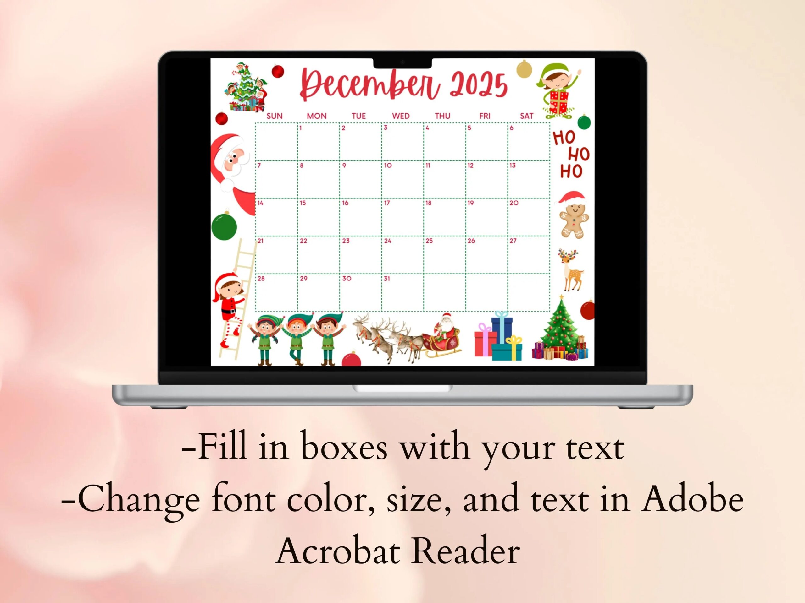 Editable December 2025 Calendar Printable Christmas Calendar W Santa And Elves Holiday Calendar School Calendar Green And Red Holiday Etsy