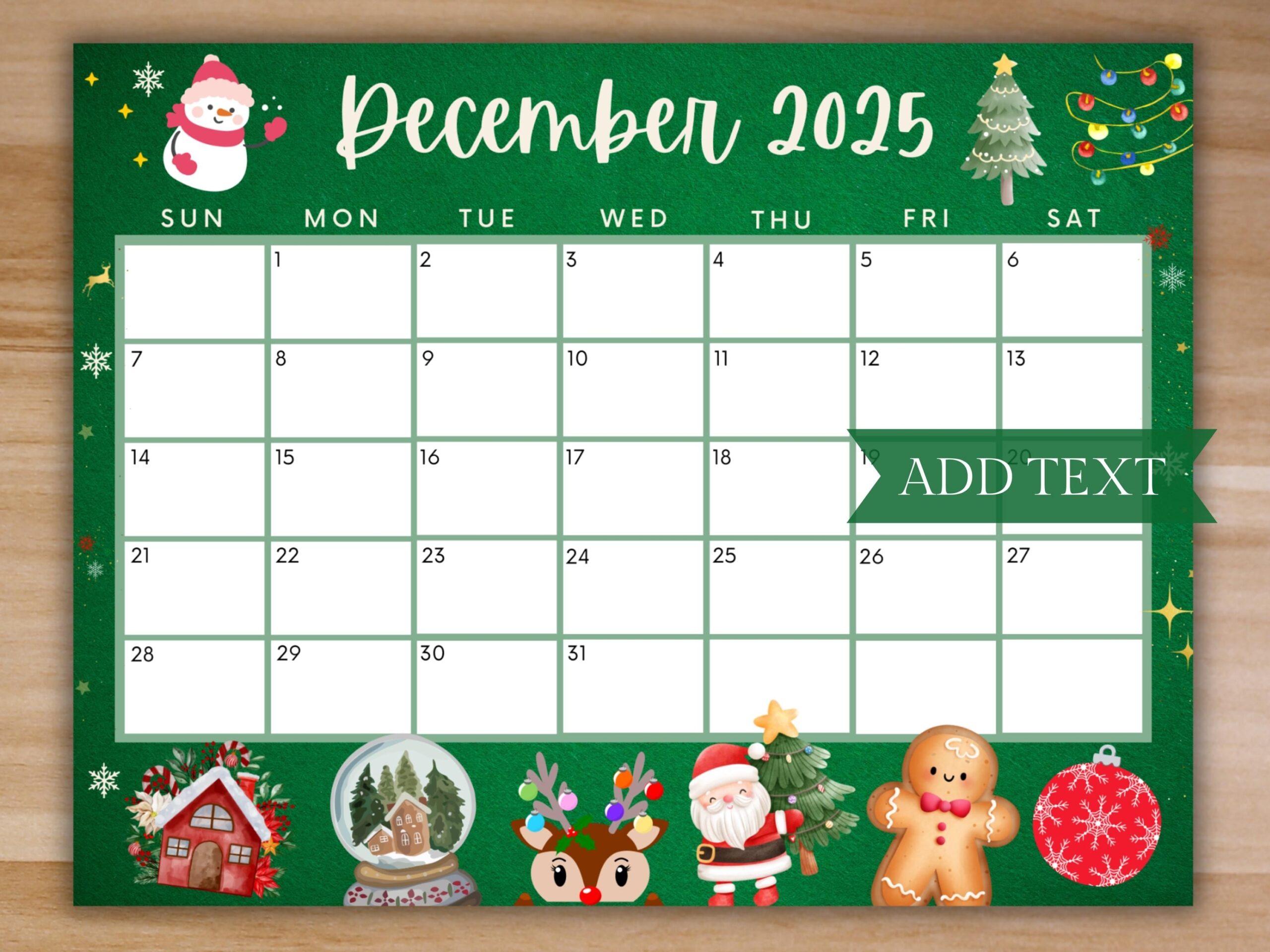 Editable December 2025 Calendar Printable Green Christmas Calendar W Snowman Holiday Calendar Cute Calendar School Calendar For Kids Etsy