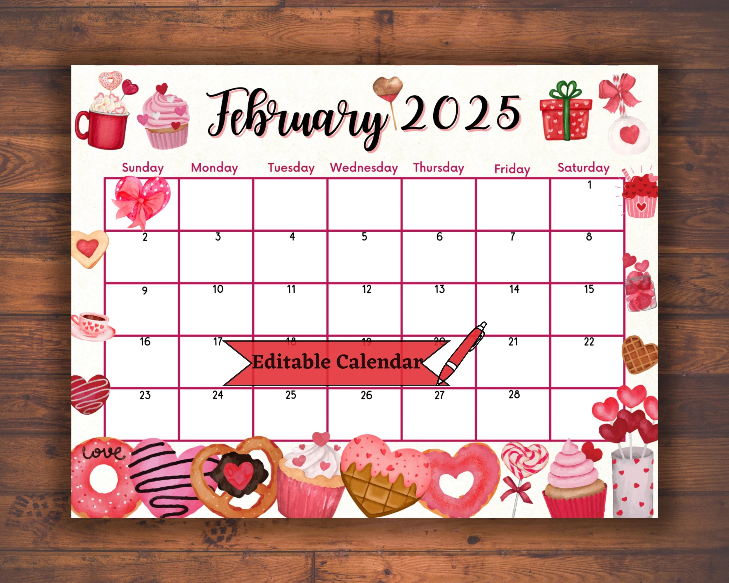 Editable Fillable February 2025 Calendar For Valentine s Day Printable Planner With Delicious Dessert Kids School Agenda Instant Download Etsy