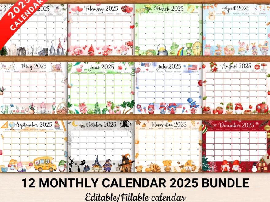 EDITABLE Gnome Monthly Calendar 2025 12 Beautiful Fillable Monthly Planner Cute Printable 2025 Calendar Planner For Kids Instant Download Etsy