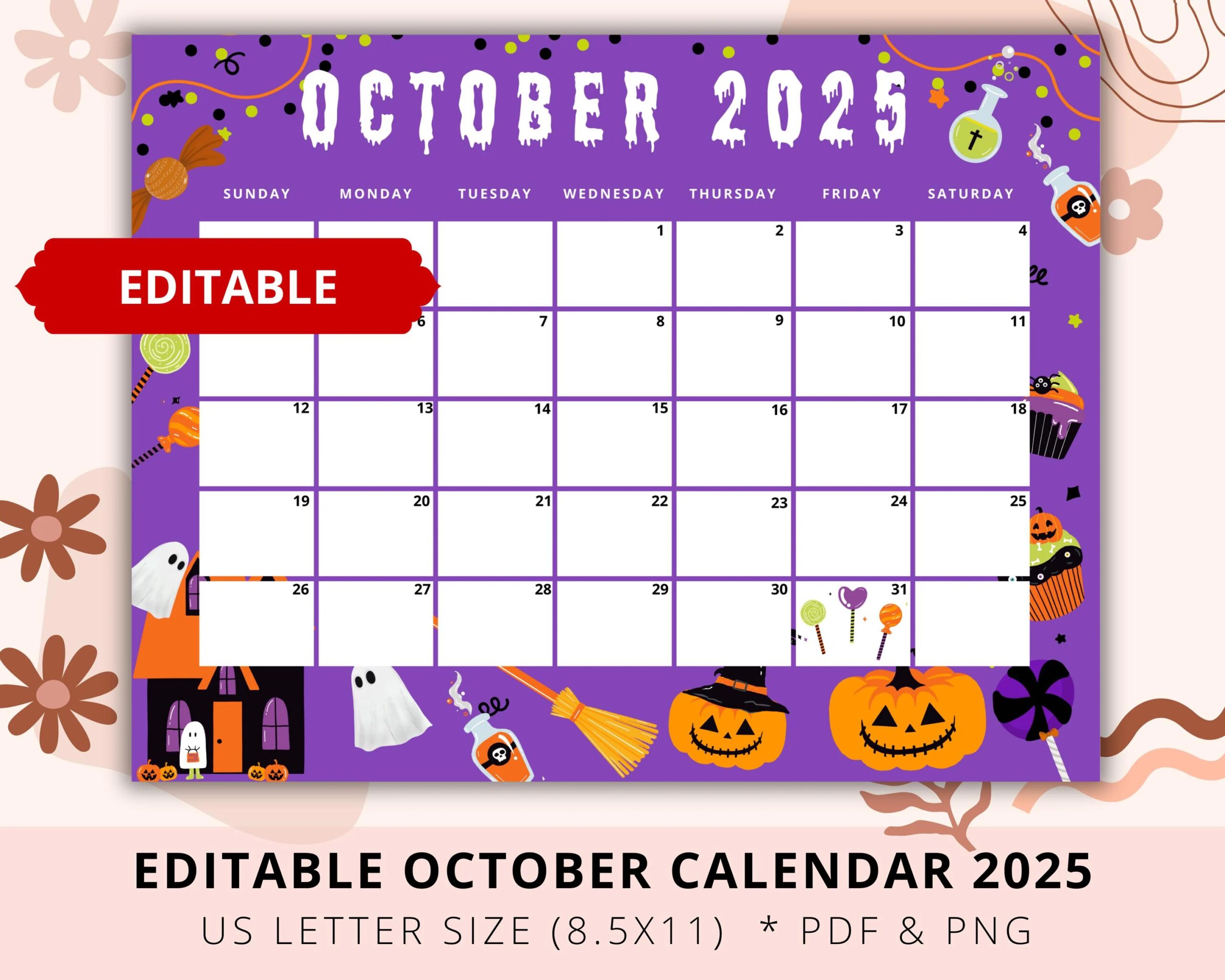 Editable Halloween 2025 Calendar Printable October 2025 Academic Planner Kid Calendar School Homeschool Teacher Calendar Digital Etsy
