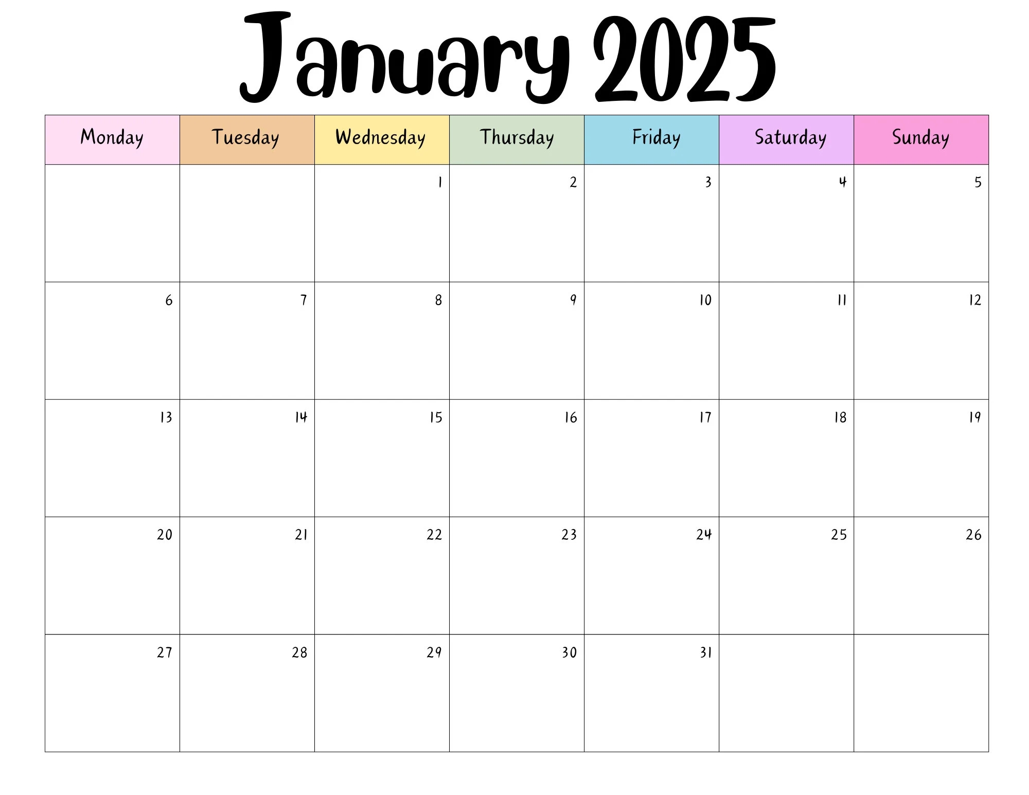 Editable January 2025 Calendar PDF Template Winter 2025 Calendar Printable January Calendar Template Activity Calendar Rainbow Calendar Etsy Sweden