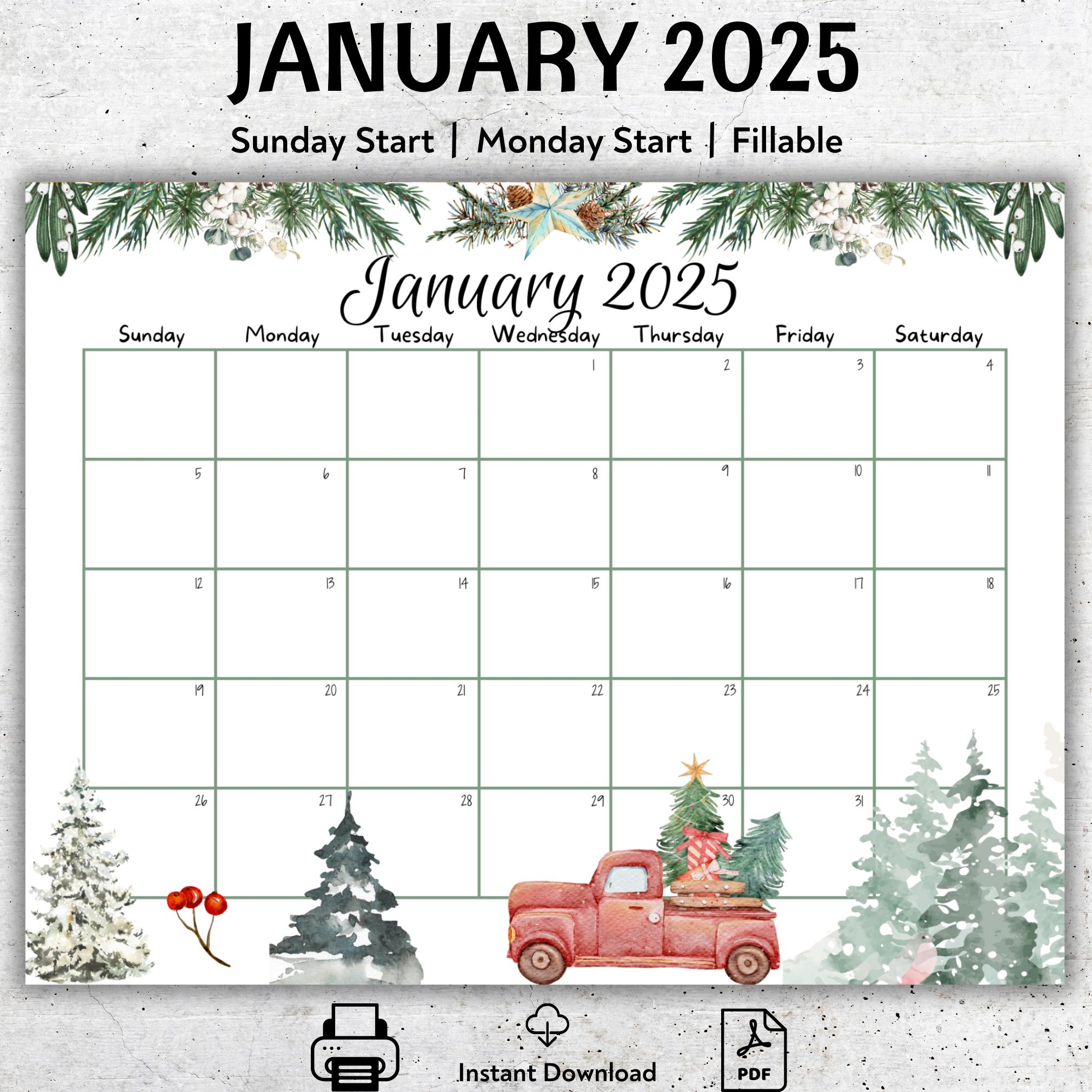EDITABLE January 2025 Calendar Snowy Pine Trees Old Red Truck Beautiful Winter Printable Fillable Calendar Planner Homeschool Planner Etsy