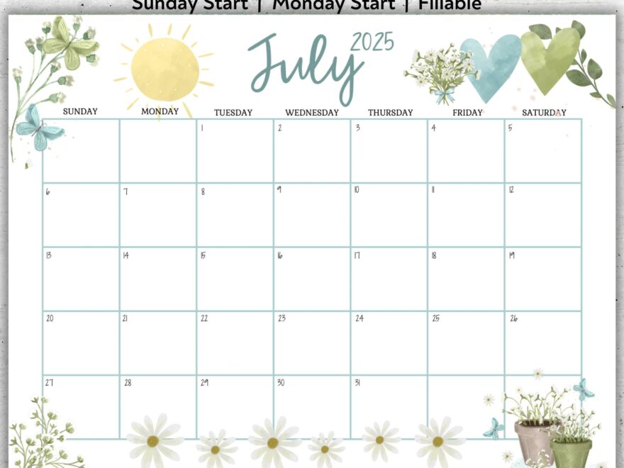 EDITABLE July 2025 Calendar Beautiful Daisies Garden Flower Butterflies Summer Printable Planner Fillable Calendar Instant Download Etsy
