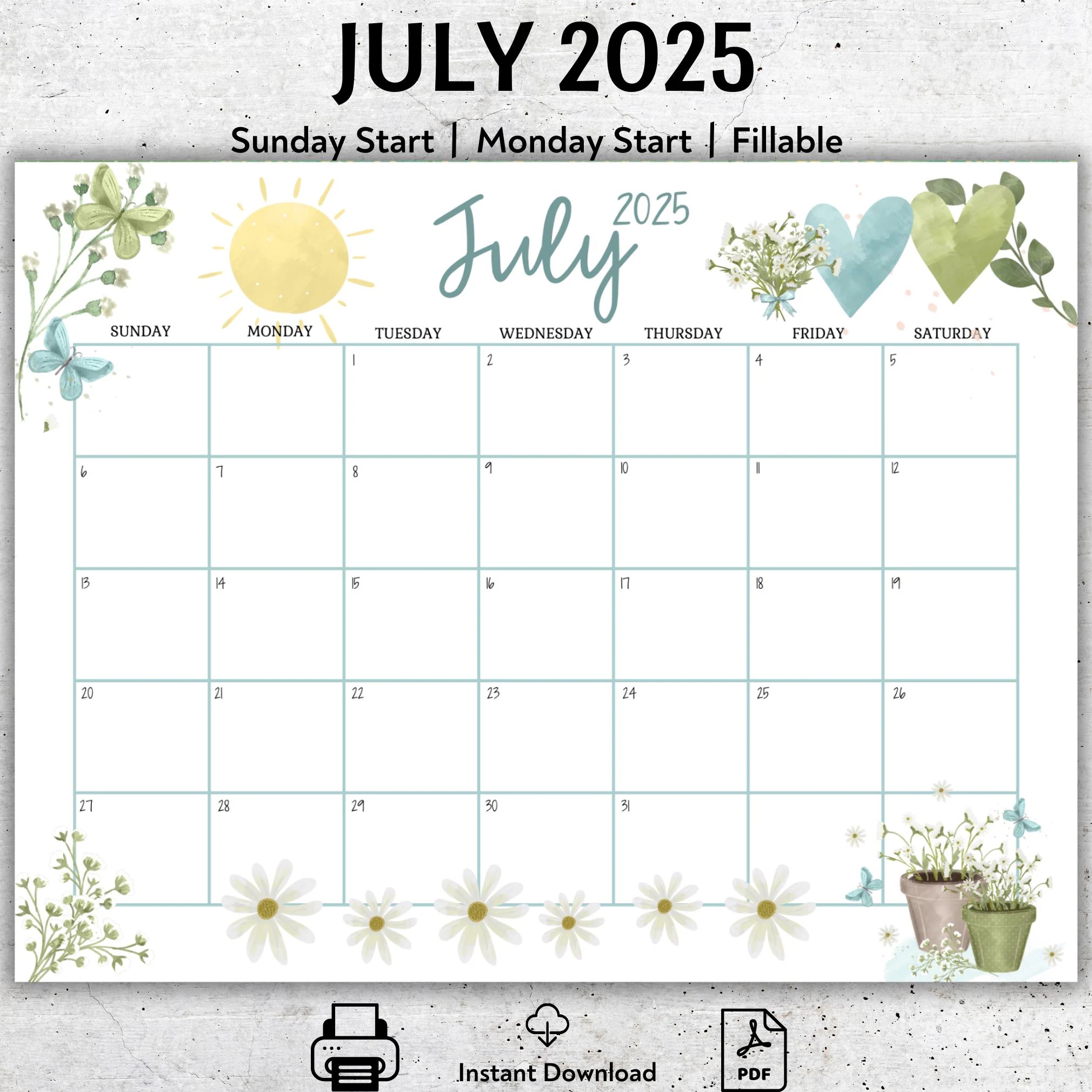 EDITABLE July 2025 Calendar Beautiful Daisies Garden Flower Butterflies Summer Printable Planner Fillable Calendar Instant Download Etsy