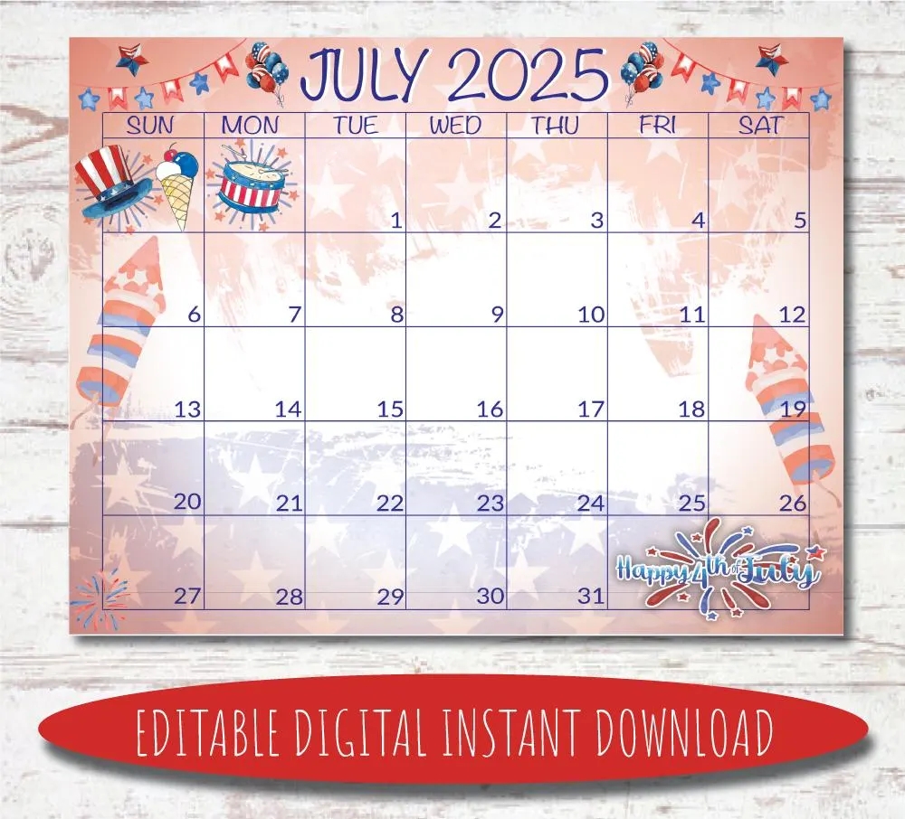 Editable July 2025 Calendar Digital Calendar Printable Calendar July Calendar Watercolor Calendar July 2025 Calendar Etsy