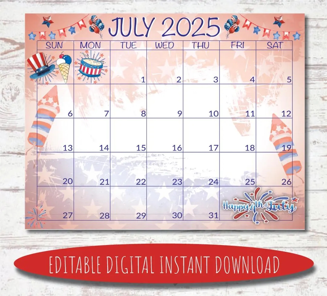Editable July 2025 Calendar Digital Calendar Printable Calendar July Calendar Watercolor Calendar July 2025 Calendar Etsy
