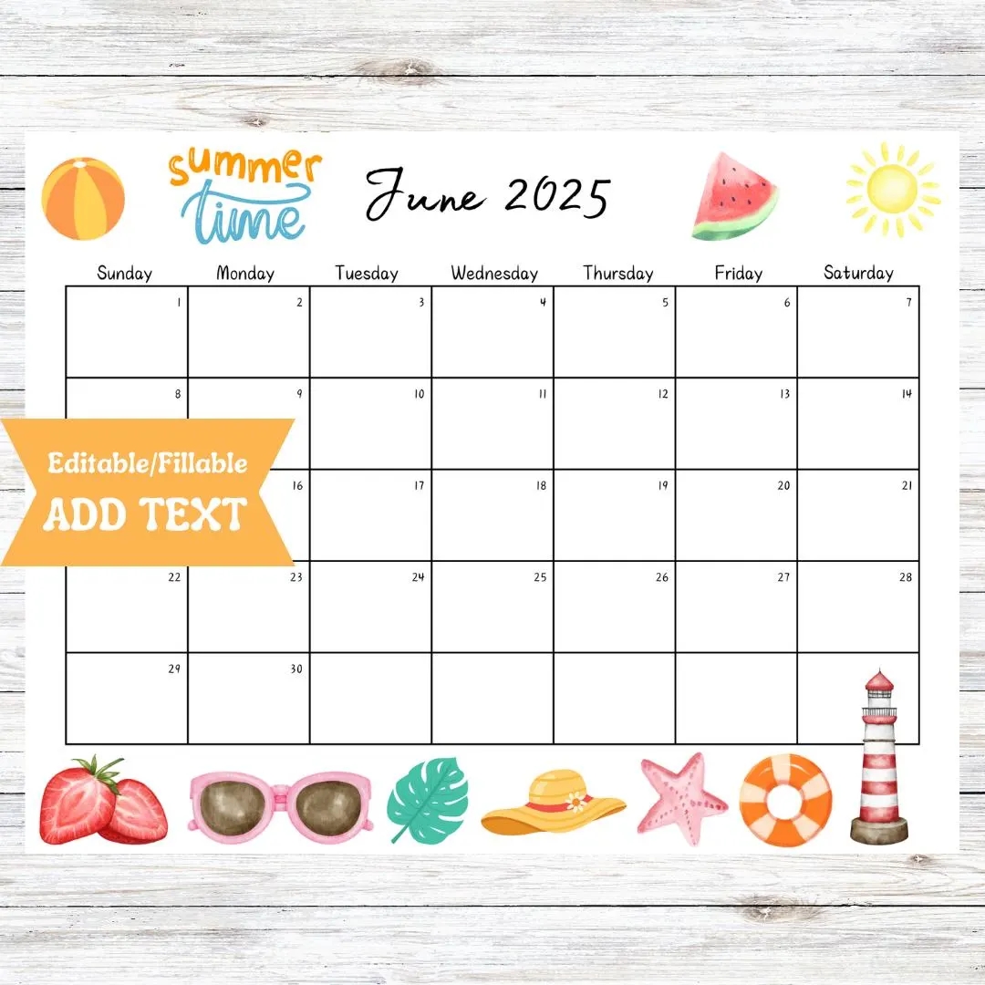 Editable June 2025 Calendar Fillable Printable Wall Digital Download Summer Activity Schedule Cute Beach Ocean Sun Template PDF PNG Etsy