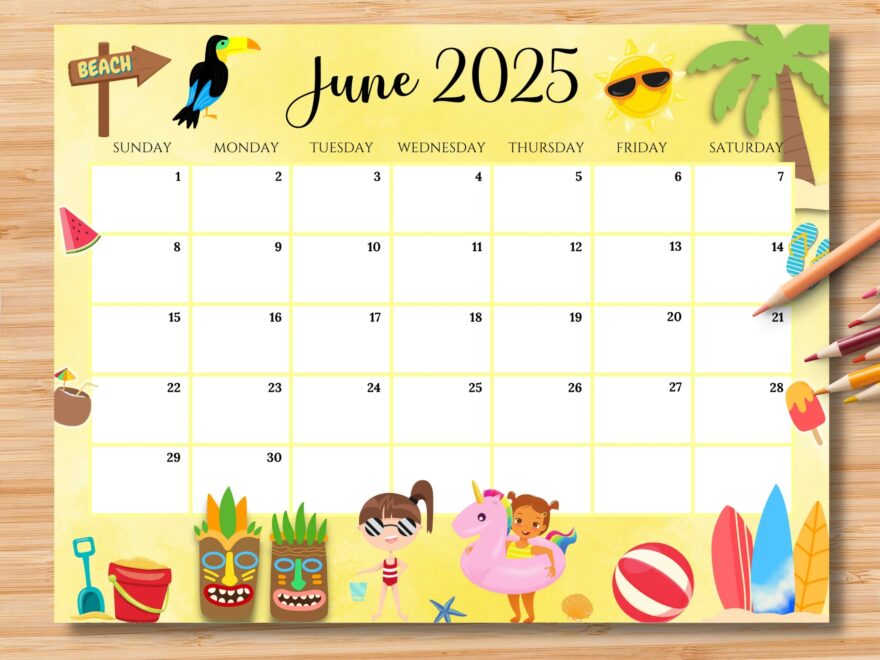 EDITABLE June 2025 Calendar Joyful Colorful Summer At The Beach Printable Monthly Planner Kids Homeschool Schedule Instant Download Etsy