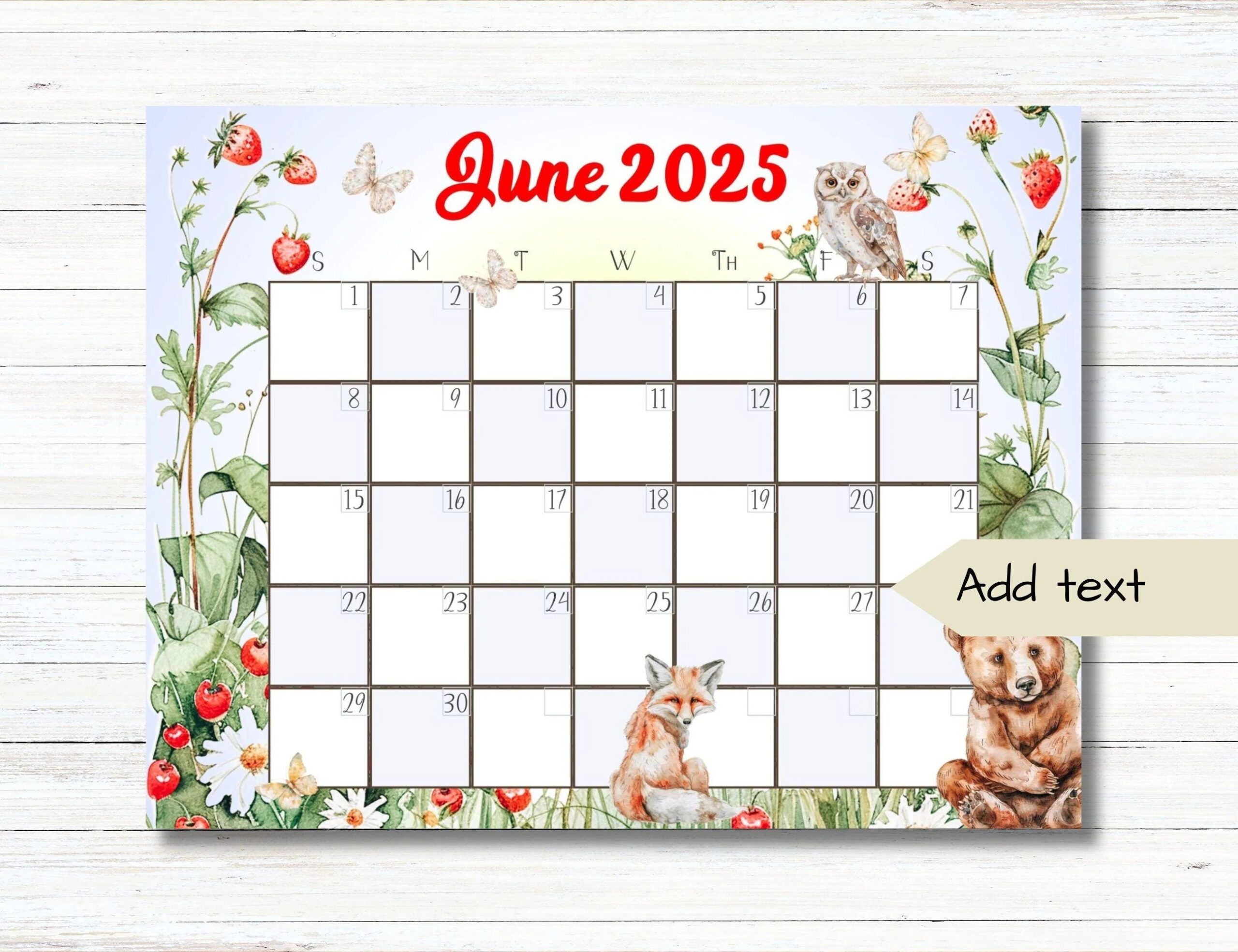 EDITABLE June 2025 Calendar Woodland Calendar Forest Animals Strawberries Fillable Printable Monthly Calendar School Planner Digital Etsy