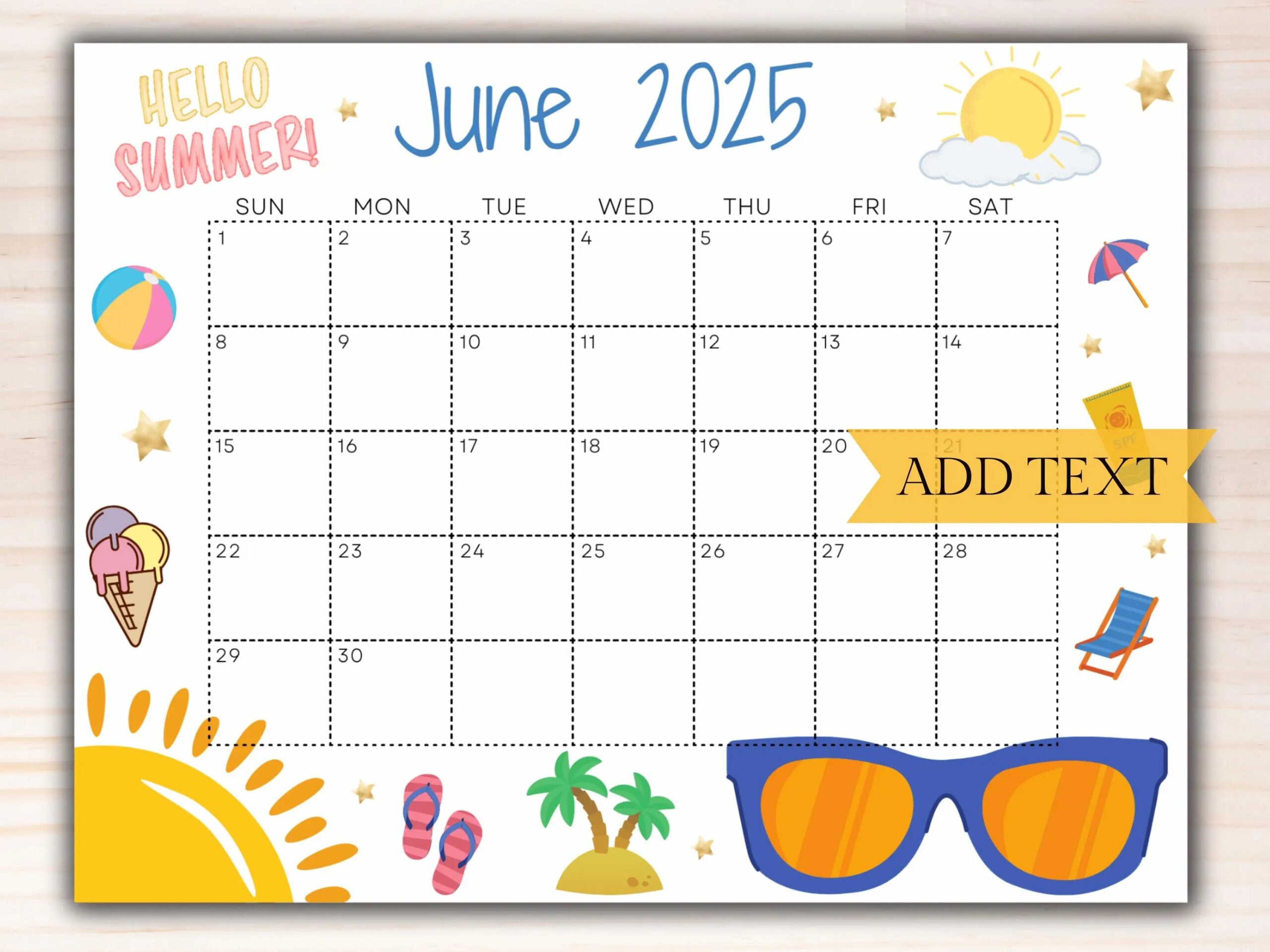 EDITABLE June 2025 Wall Calendar Printable Classroom Calendar Cute Summer Calendar With Sunglasses Monthly Calendar Family Calendar Etsy