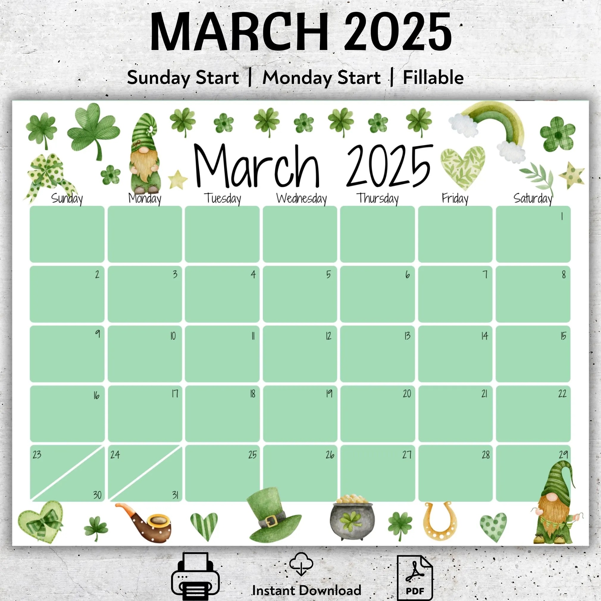 EDITABLE March 2025 Calendar Printable Planner Fillable Calendar Happy St Patrick s Day Cute Green Gnomes Instant Download PDF Etsy