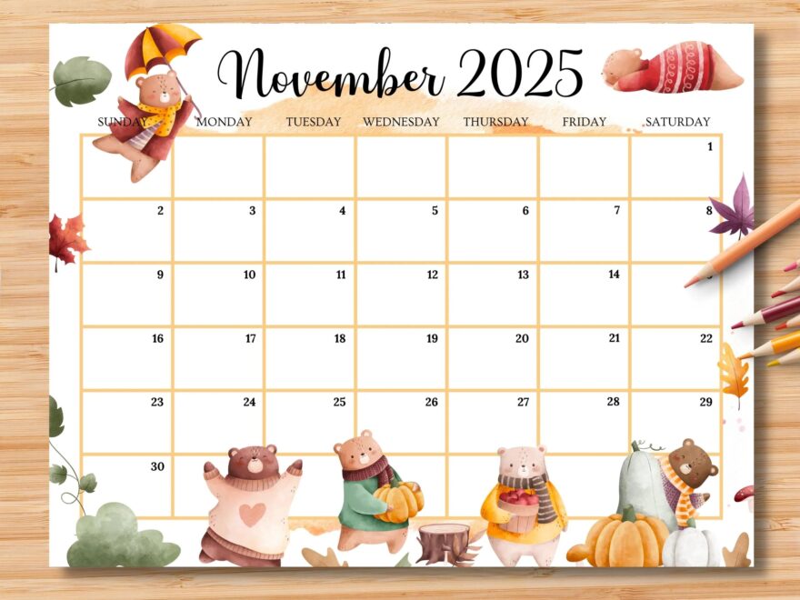 EDITABLE November 2025 Calendar Beautiful Autumn Planner W cute Bears Printable Monthly Calendar For Kid Home Work Office Instant Download Etsy