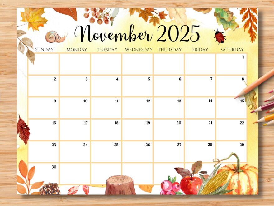 EDITABLE November 2025 Calendar Beautiful Fall Autumn With Pumpkins Yellow Leaves Printable Monthly Calendar For Kids School Home Office Etsy