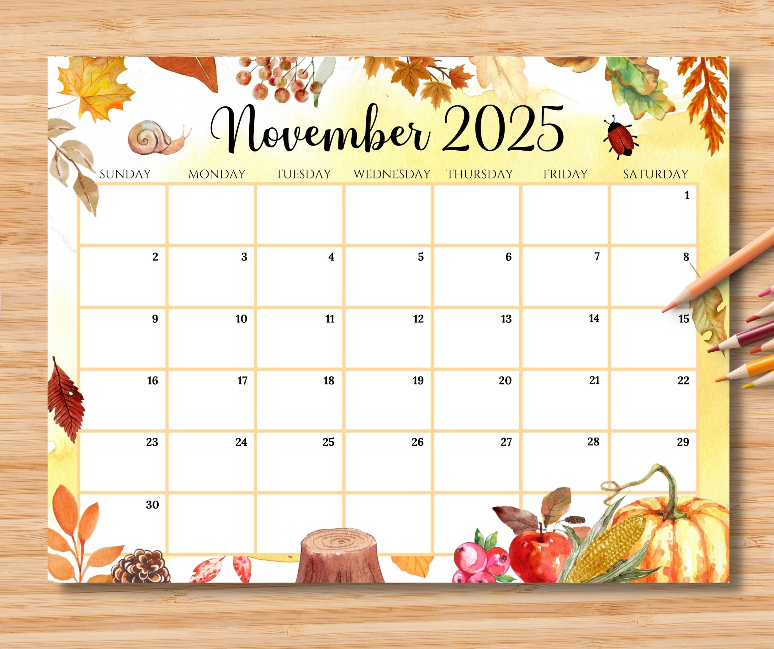 EDITABLE November 2025 Calendar Beautiful Fall Autumn With Pumpkins Yellow Leaves Printable Monthly Calendar For Kids School Home Office Etsy