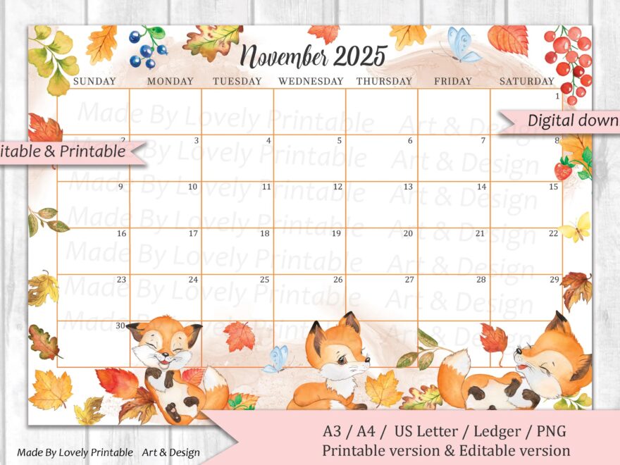 EDITABLE November 2025 Calendar Cute Watercolor Fox Forest Animal Calendar For Kids Printable Fillable Planner Kid s School Schedule Etsy