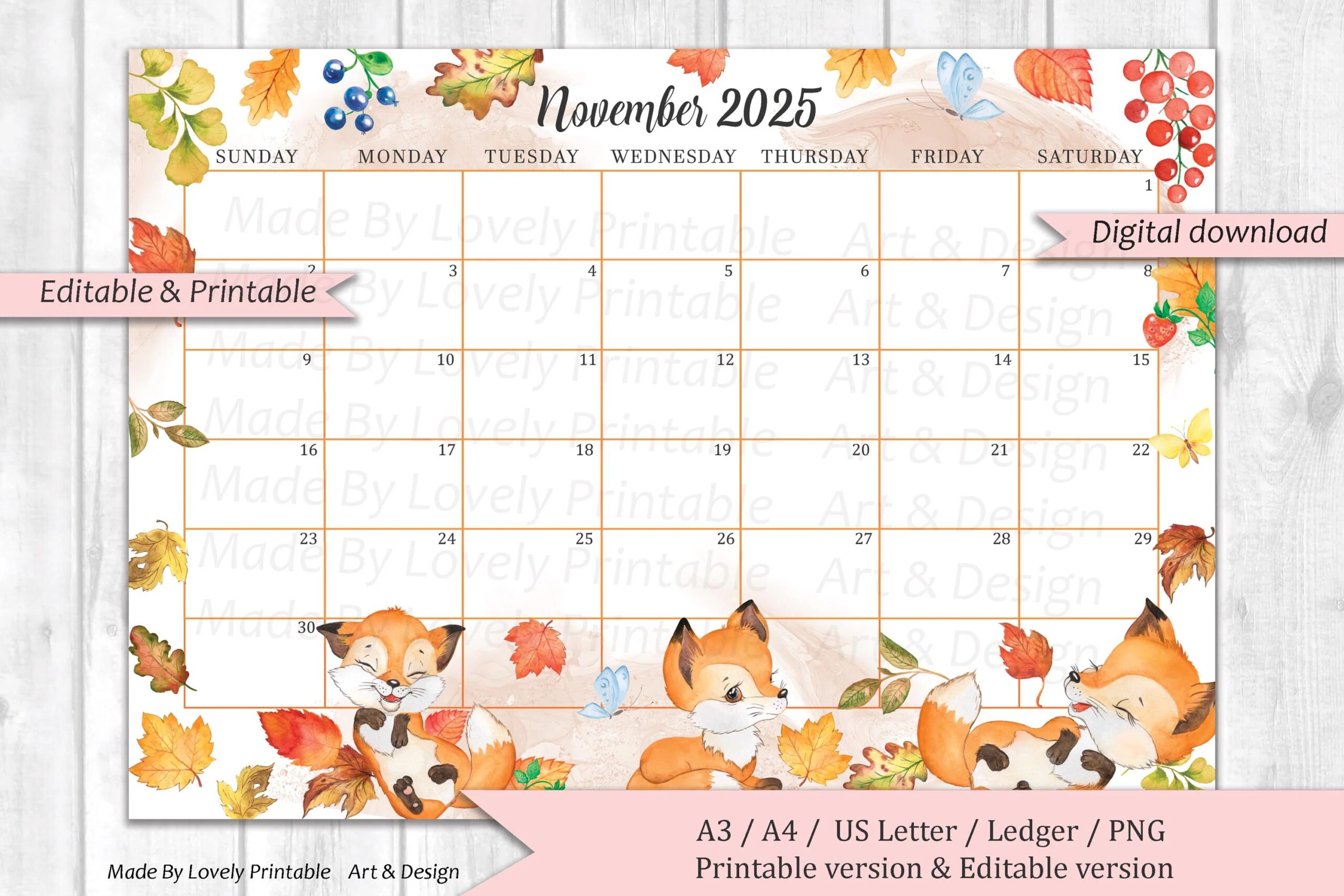 EDITABLE November 2025 Calendar Cute Watercolor Fox Forest Animal Calendar For Kids Printable Fillable Planner Kid s School Schedule Etsy