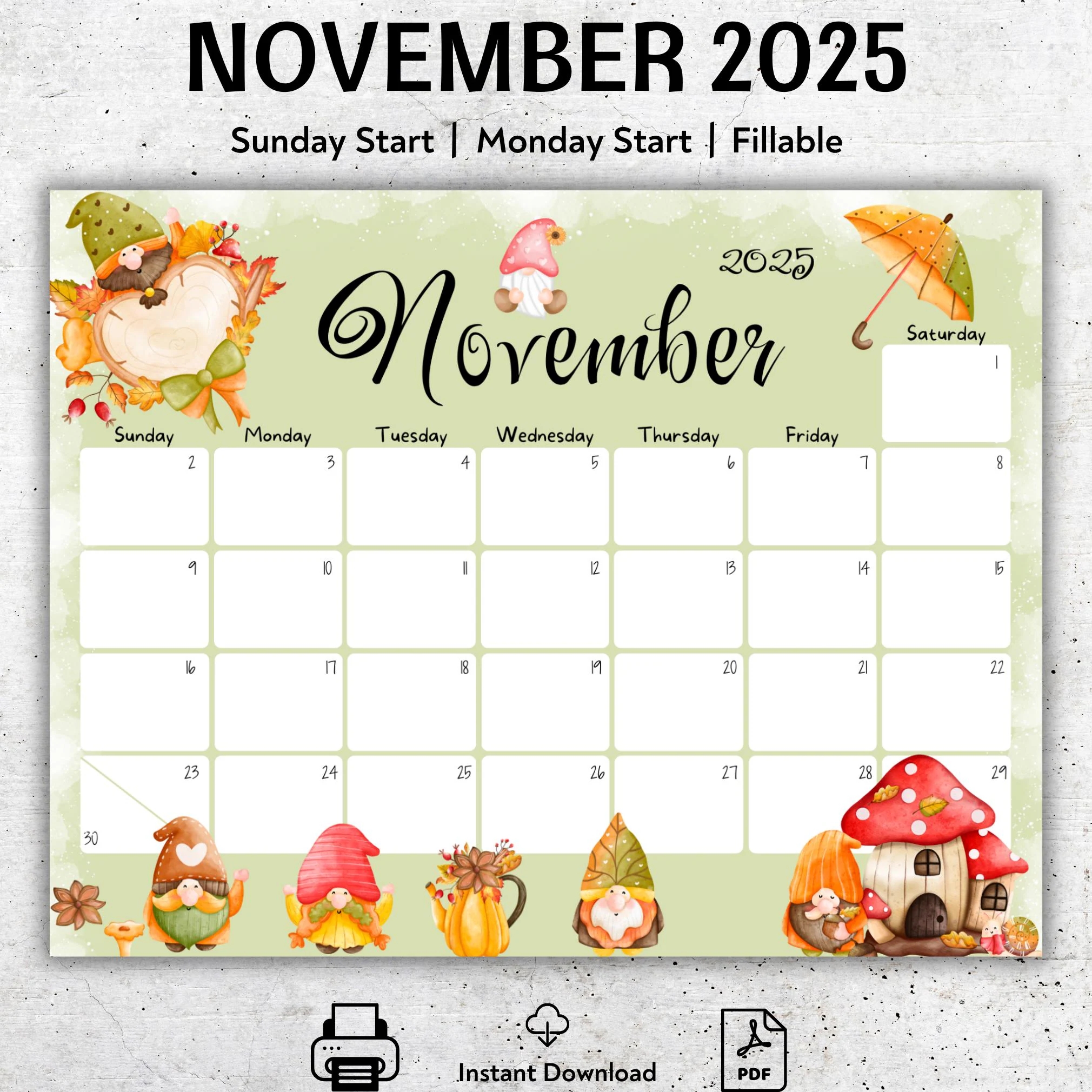 EDITABLE November 2025 Calendar Fall Colors Cute Gnomes Printable Planner Fillable Monthly Schedule For Kids Homeschool Calendar PDF Etsy