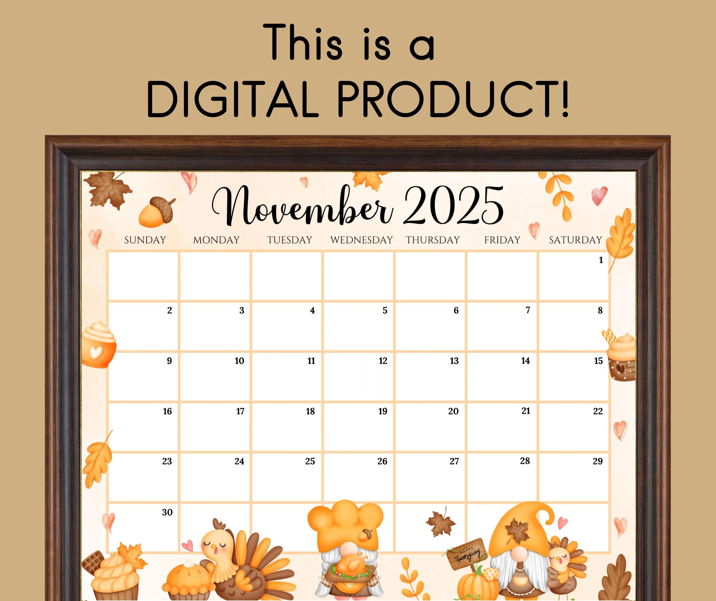 EDITABLE November 2025 Calendar Happy Thanksgiving With Cute Gnomes Turkey Printable Monthly Schedule For Kids School Home Office Work Etsy