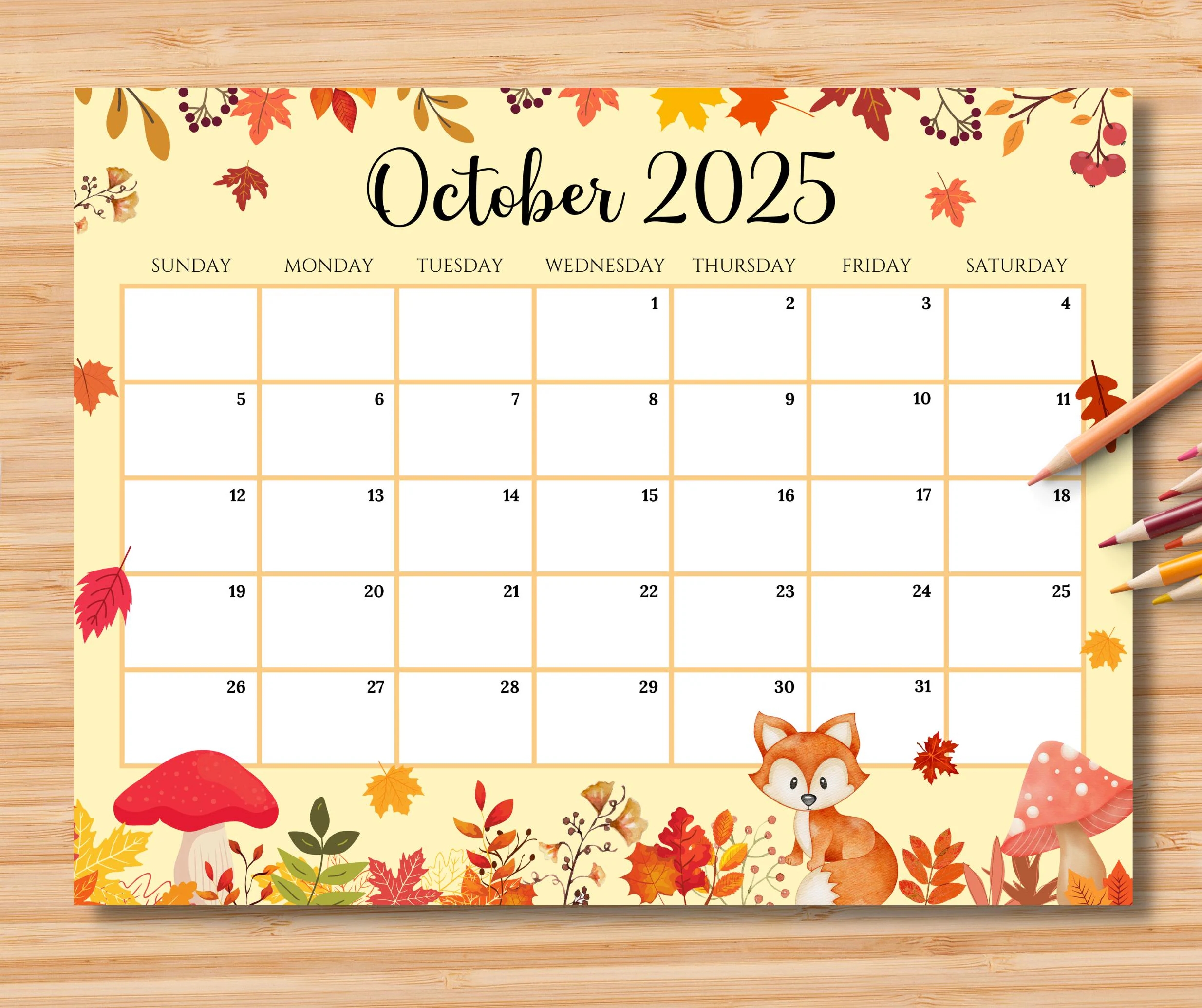 EDITABLE October 2025 Calendar Beautiful Autumn W Cute Little Fox Planner Printable Monthly Calendar For Kids School Home Work Office Etsy