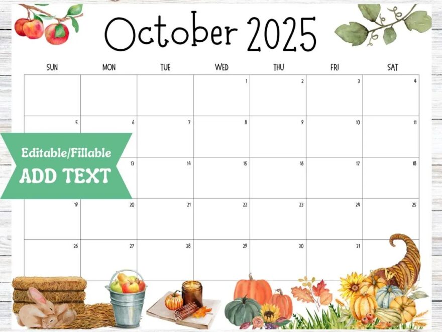 Editable October 2025 Calendar Fillable Printable Halloween Template School Office Activity Planner Cute Scarecrow Pumpkins Fall Autumn Etsy