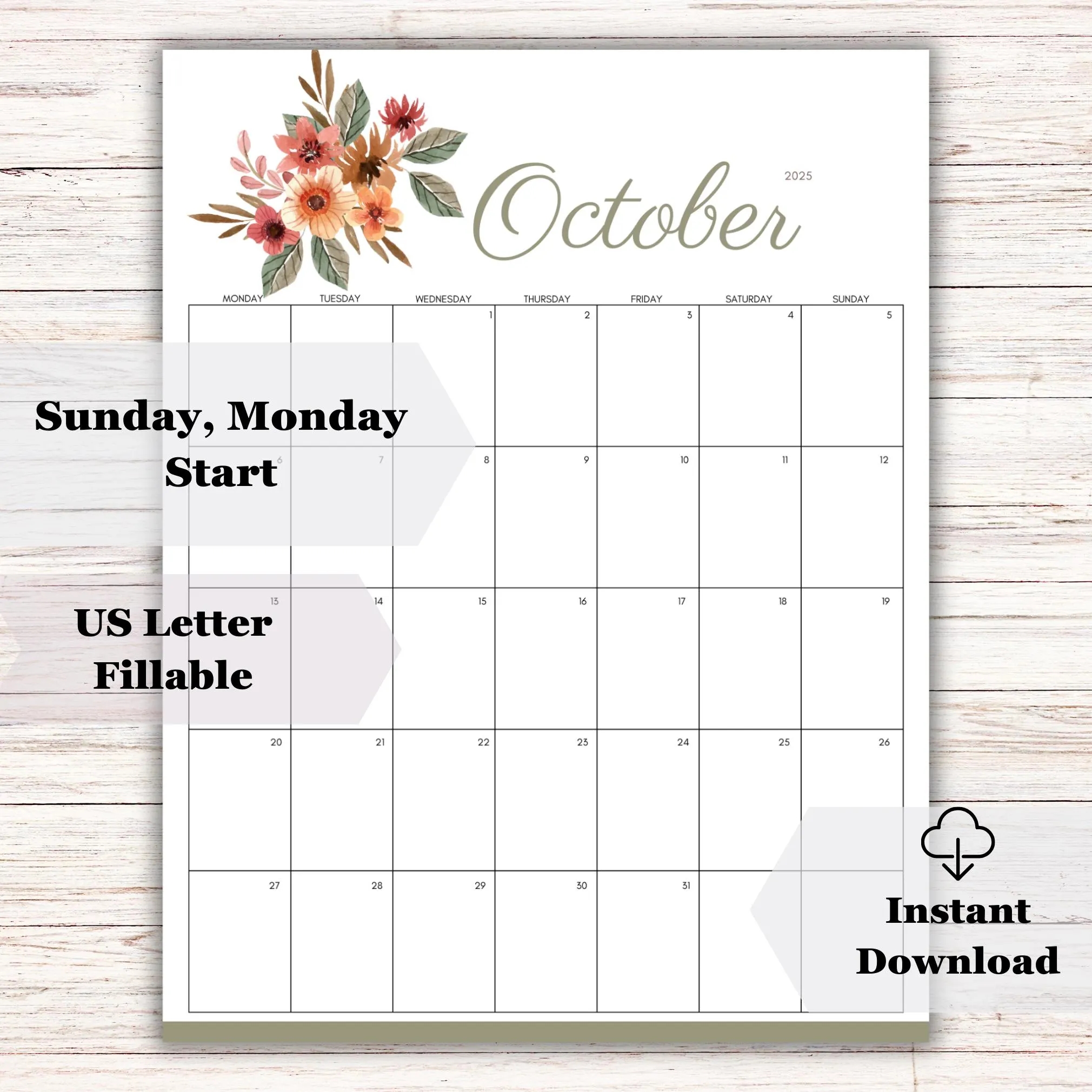 Blank Monthly Calendar Printable October 2025