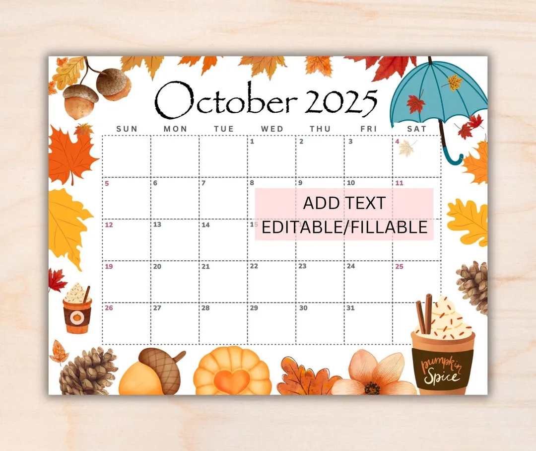 EDITABLE October 2025 Calendar Printable Monthly Calendar For October Fall Calendar Classroom Calendar 2025 Oct Calendar Autumn Etsy