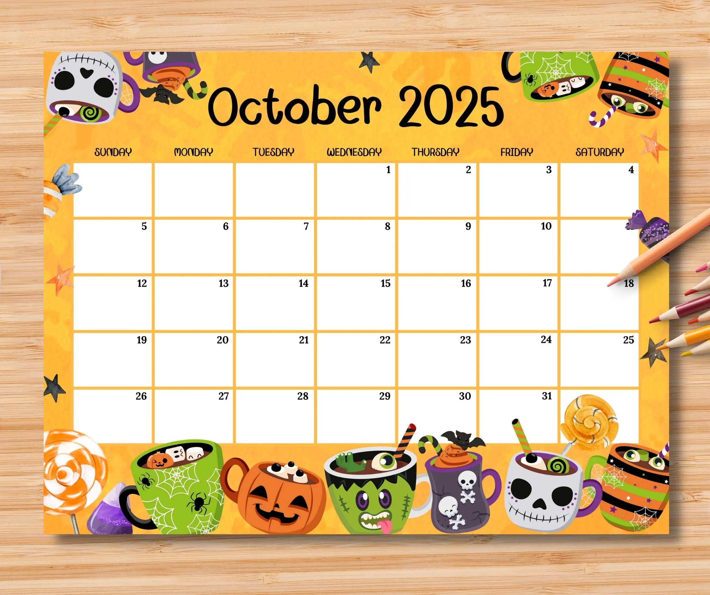 EDITABLE October 2025 Calendar Spooky Halloween Desserts Cute Printable Monthly Schedule Planner For Kids School Home Office Work Digital Etsy