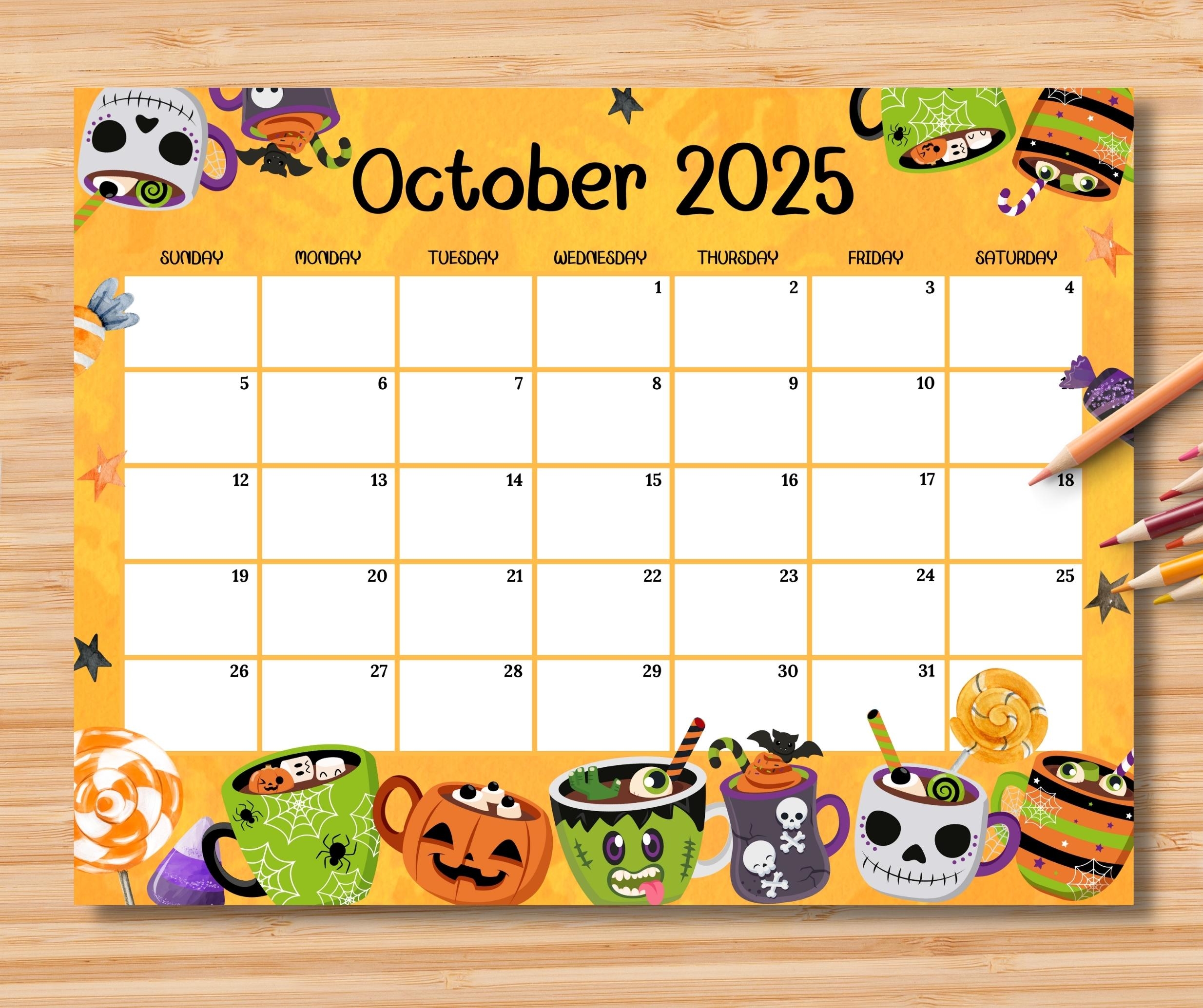 EDITABLE October 2025 Calendar Spooky Halloween Desserts Cute Printable Monthly Schedule Planner For Kids School Home Office Work Digital Etsy