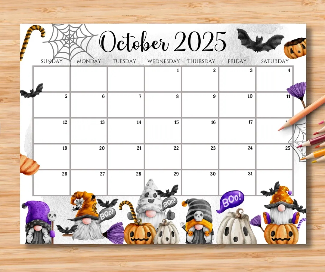 EDITABLE October 2025 Calendar Spooky Halloween W Cute Gnome Pumpkin Printable Monthly Planner Schedule For Kid School Home Office Work Etsy Sweden