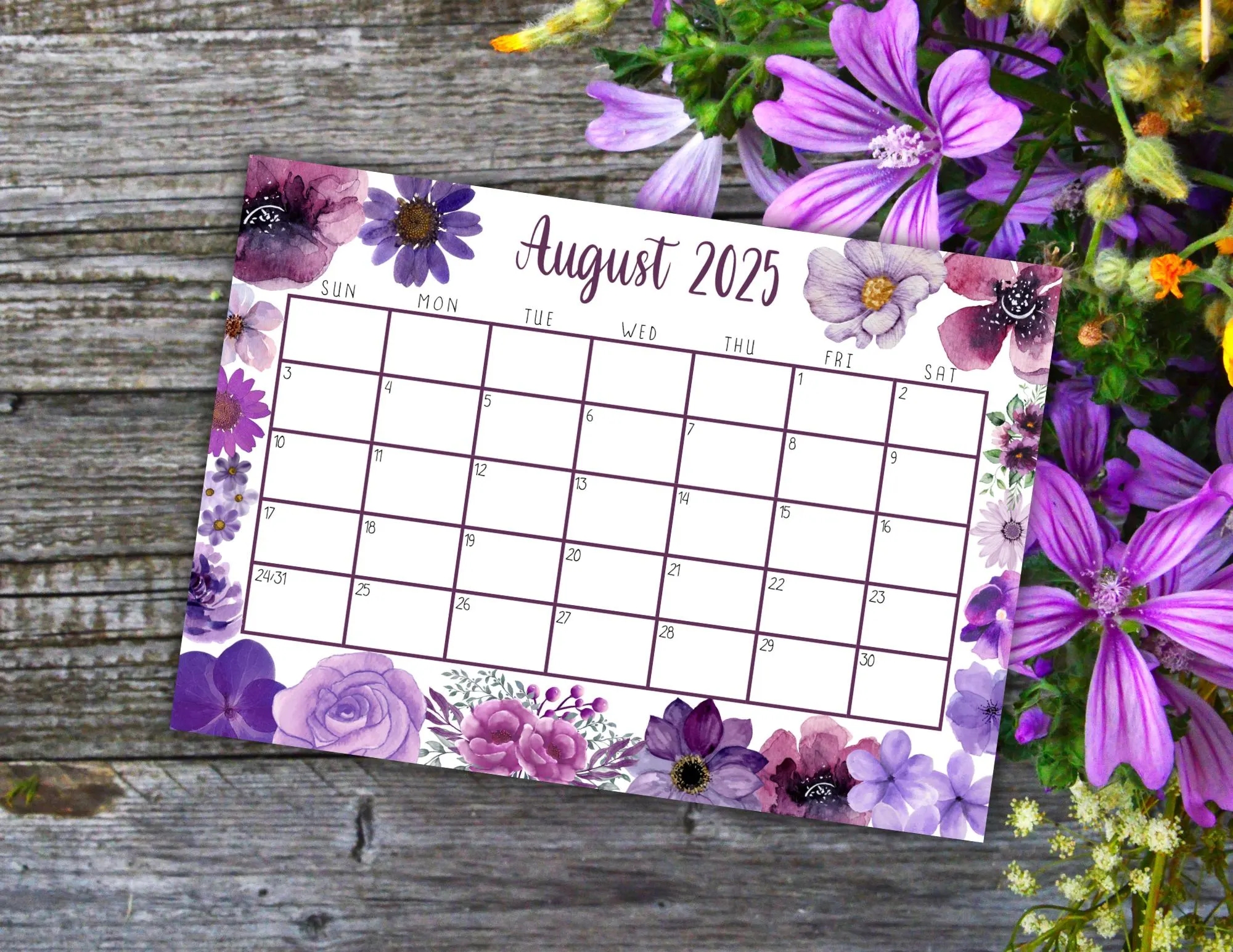 EDITABLE Printable August Calendar 2025 Beautiful August Calendar W Purple Watercolor Flowers August 2025 Calendar Fillable Calendar Etsy