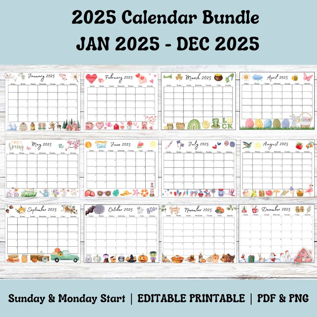 Editable Year Long 2025 Calendar Printable Fillable Whole Year 12 Month Calendar Instant Download Fillable Activity Planner Office Schedule Etsy