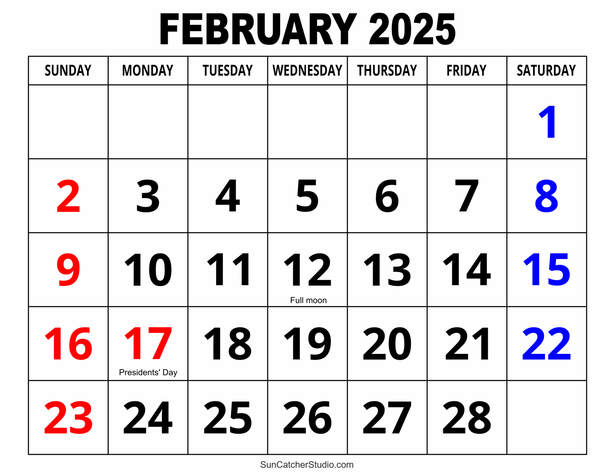 Large Print Printable Blank Calendar 2025