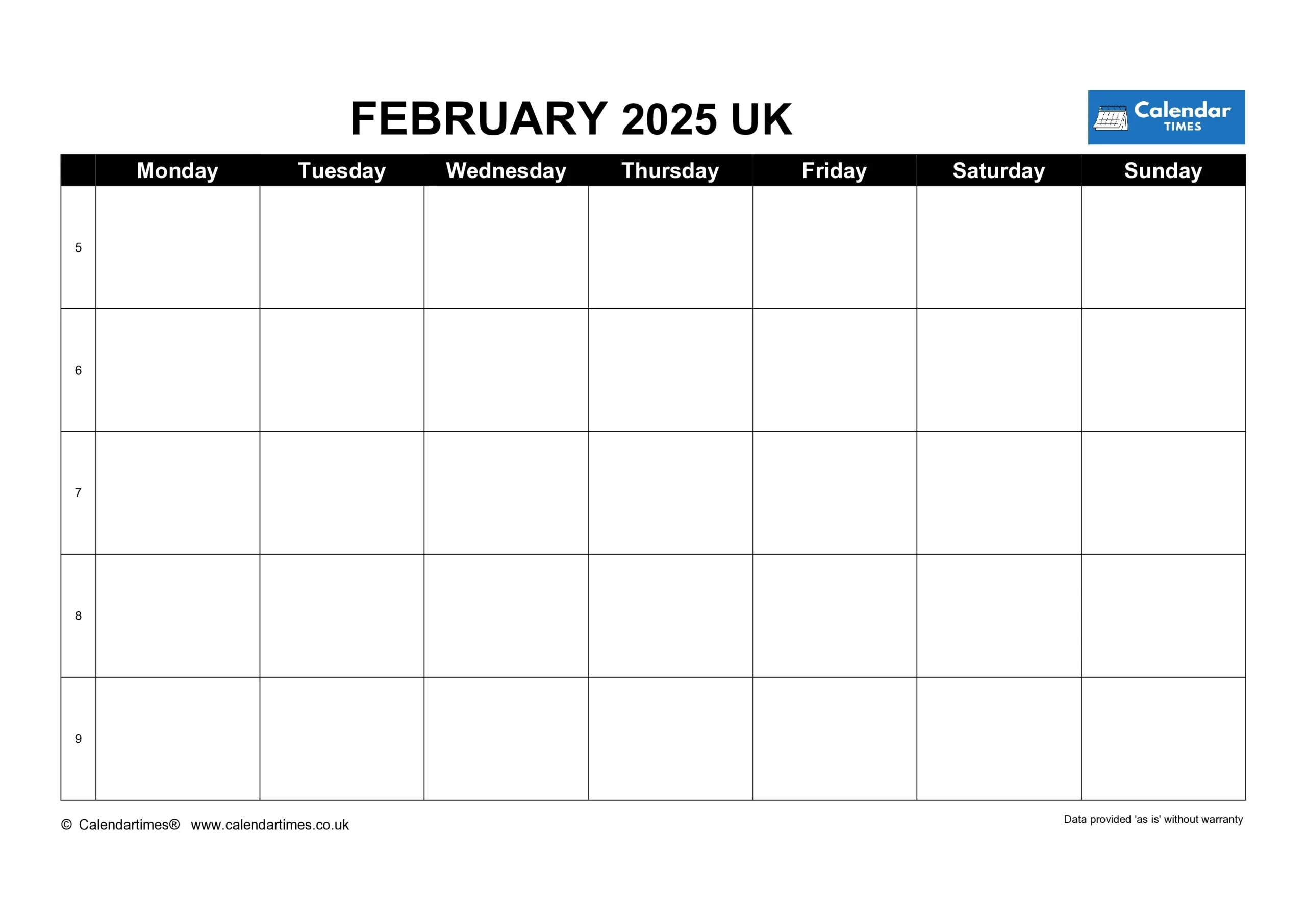February 2025 Calendar Printable UK Ultimate PDF Format