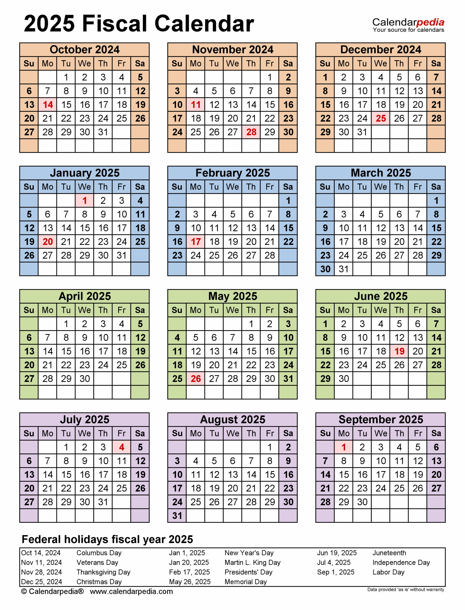 Fiscal Calendars 2025 Free Printable Word Templates