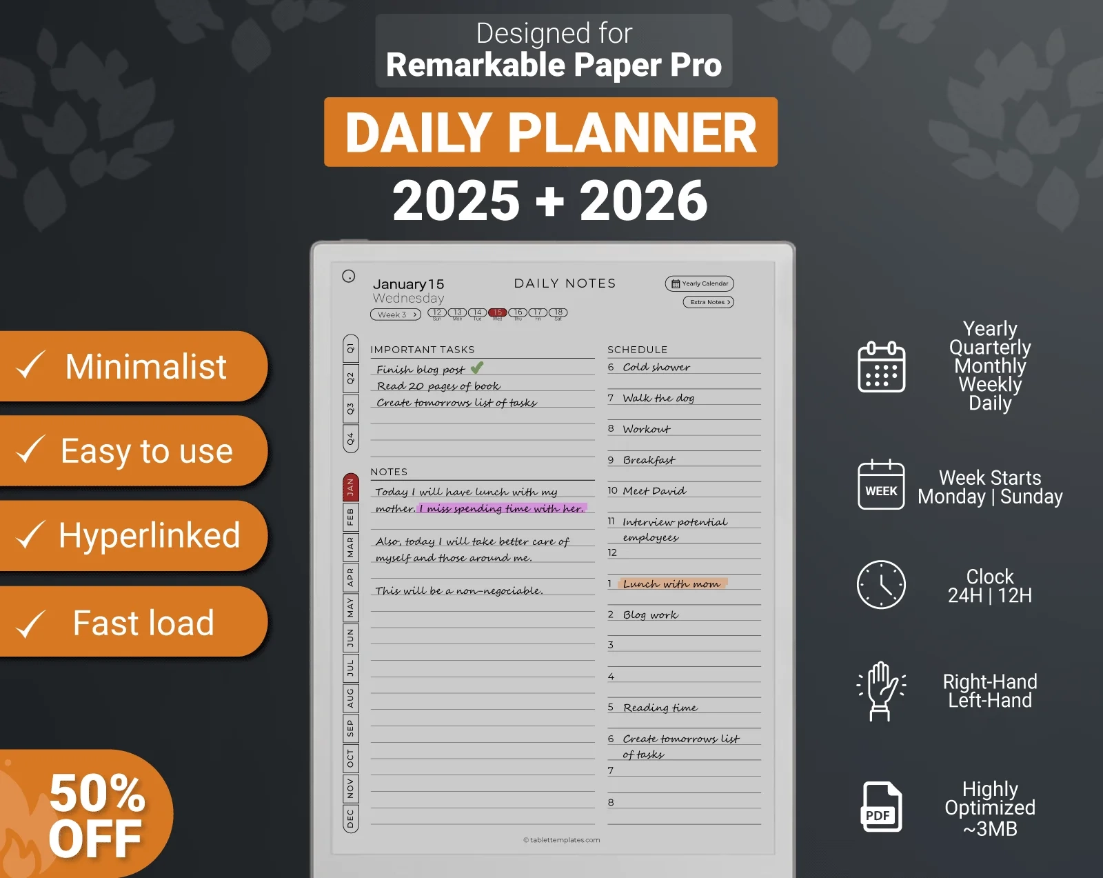 For ReMarkable Paper Pro Daily Planner 2025 2026