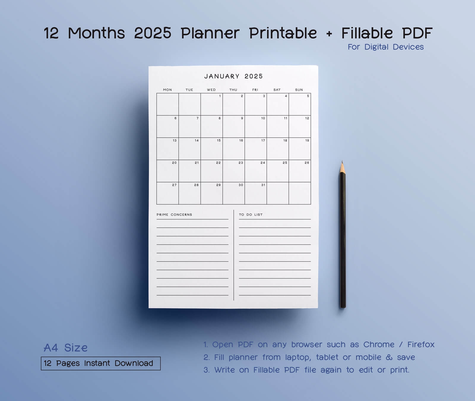 Free 12 Months Planner Calendar 2025 Printable Editable Ai Fillable PDF Designbolts