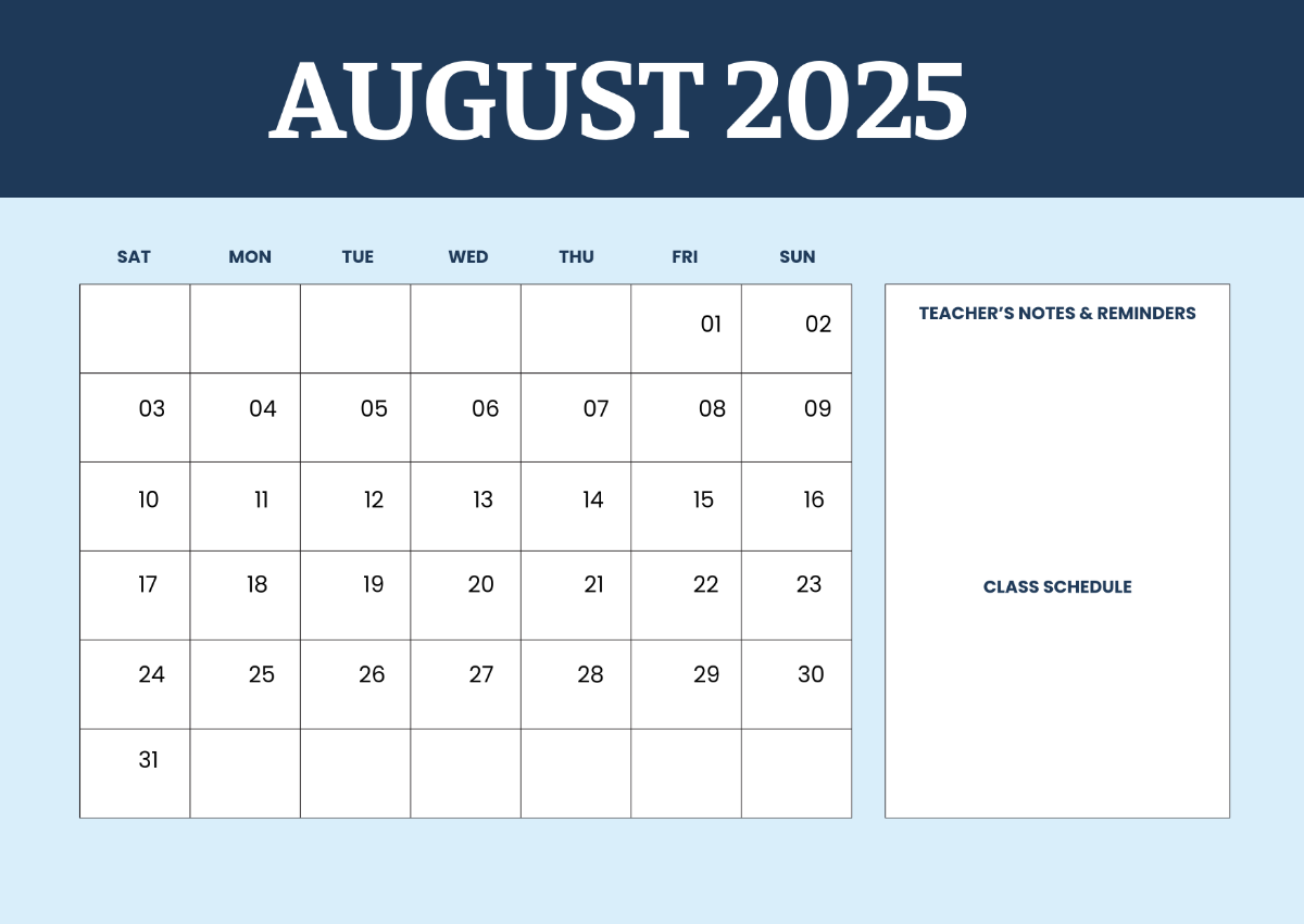 Free August 2025 Calendar For Teacher Template To Edit Online