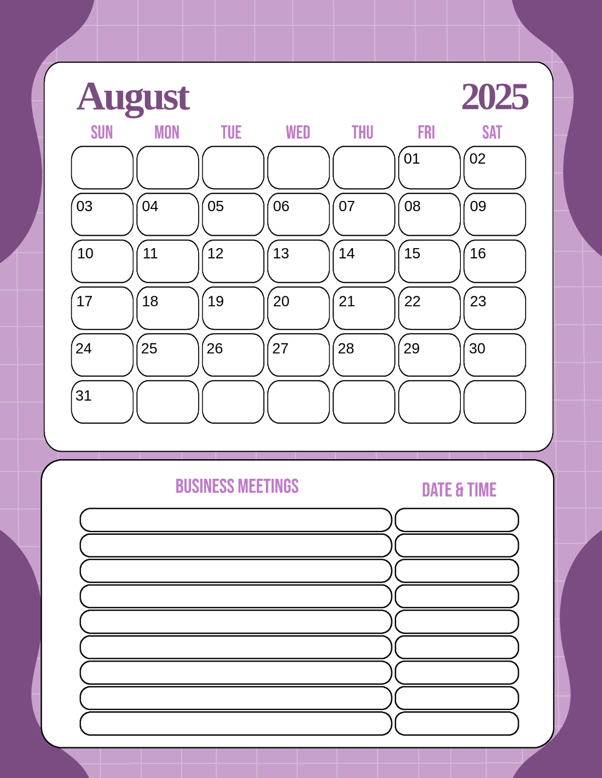 Free Monthly Blank Calendar August 2025