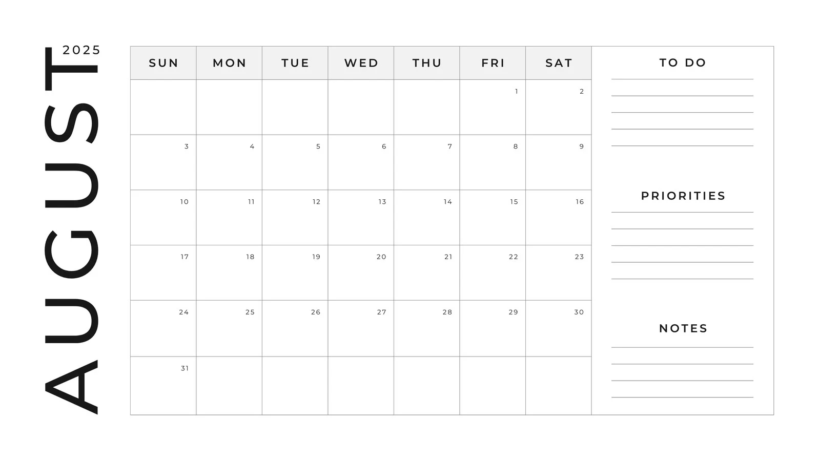 Blank Calendar August 2025 Editable