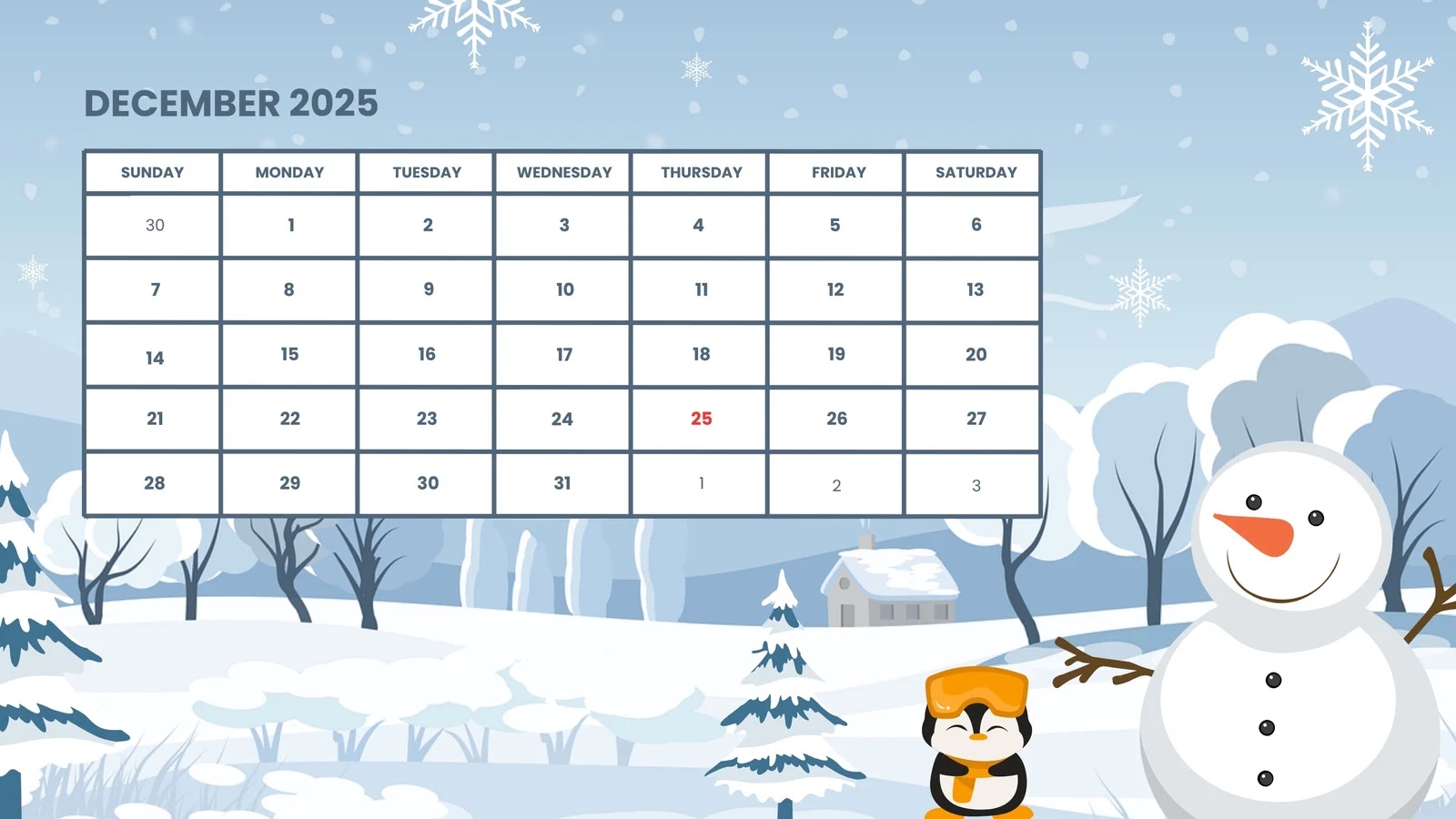 Blank Calendar December 2025 Snowman