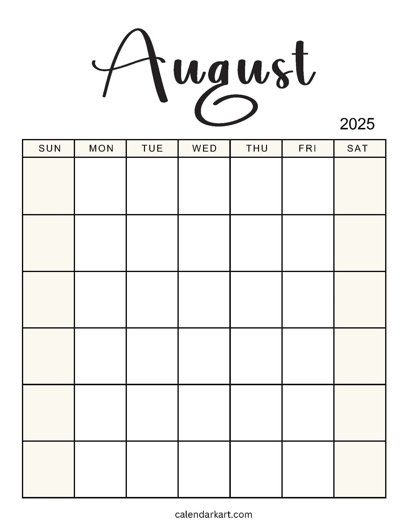 Blank Printable August 2025 Calendar