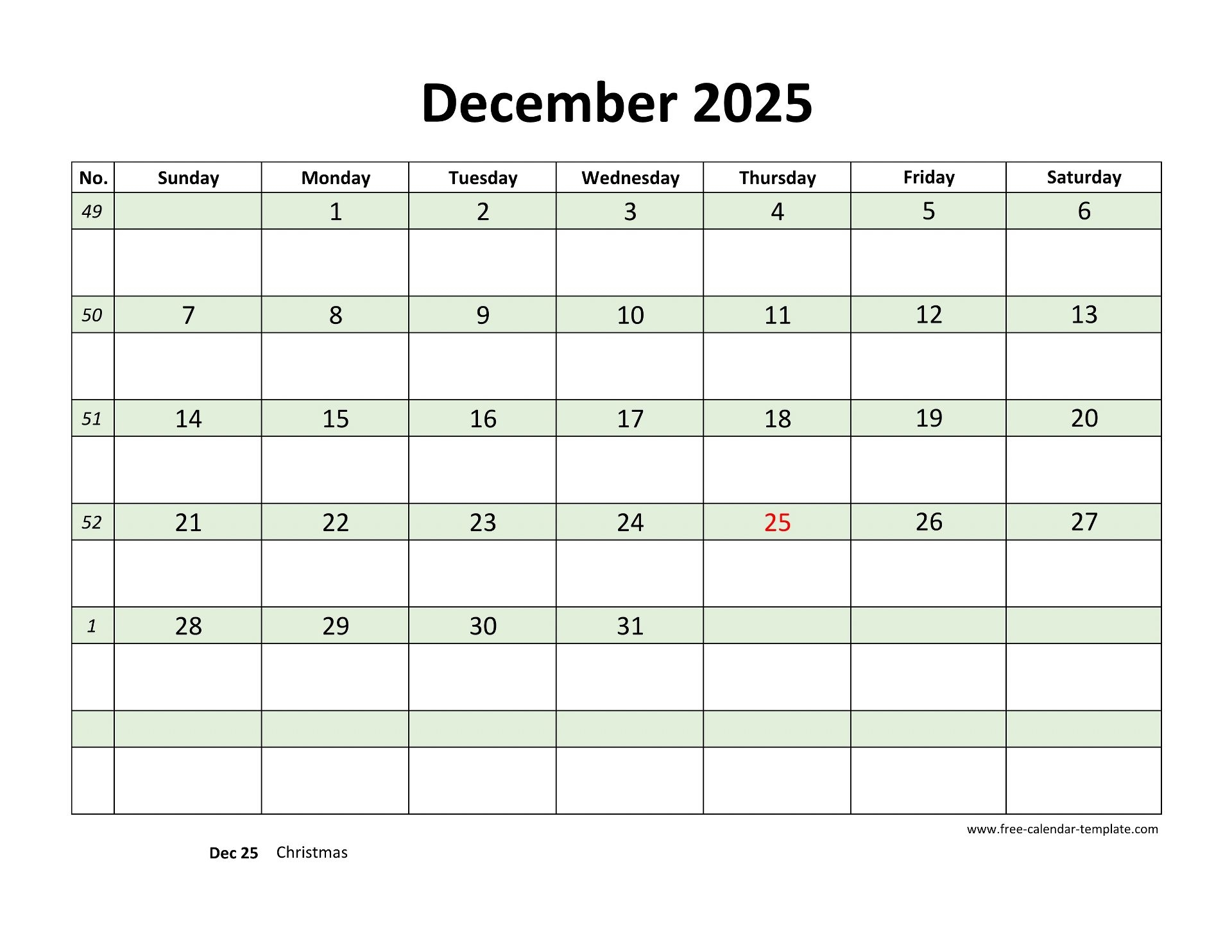 Dec 2025 Calendar Blank Printable