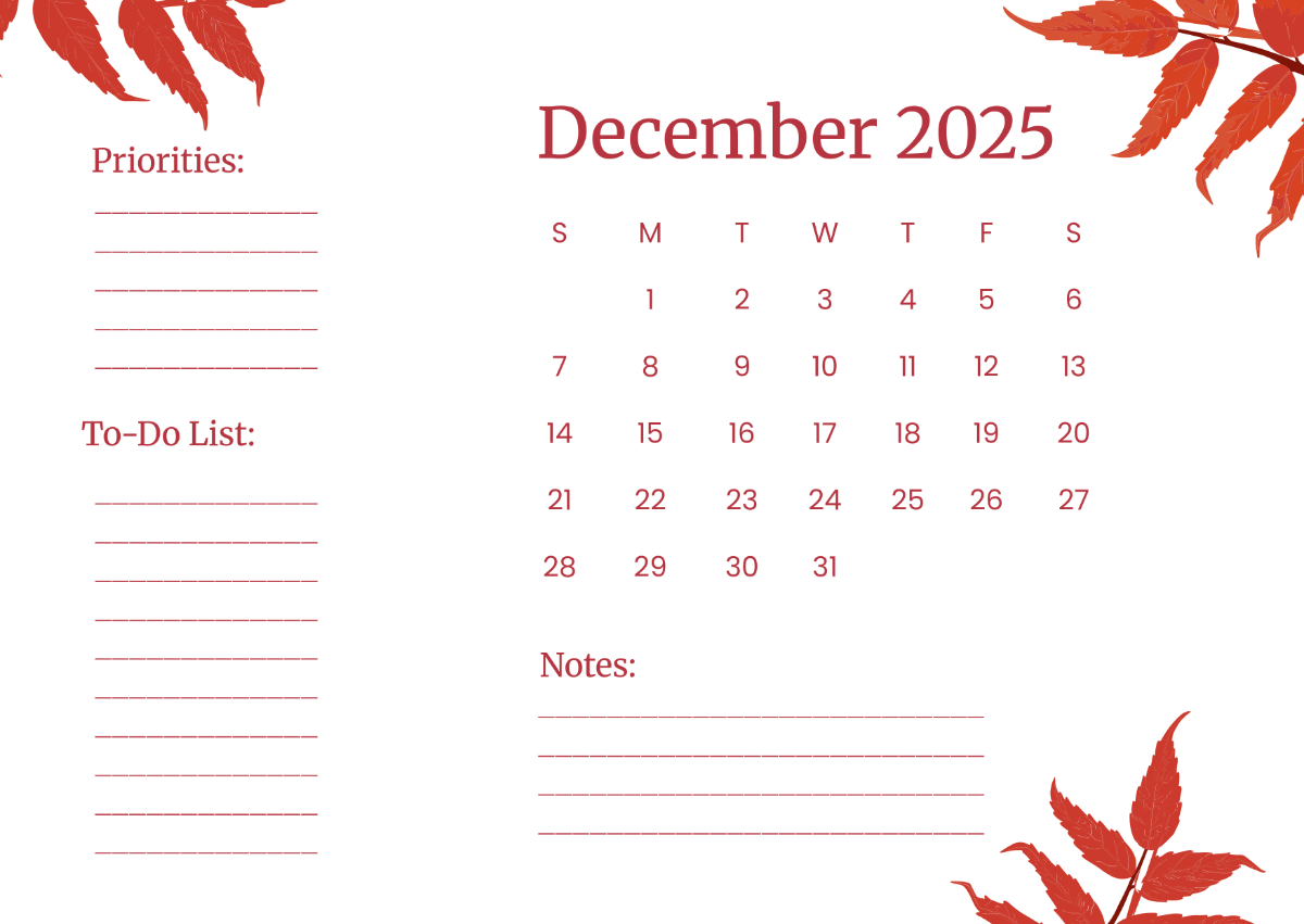Free December 2025 Calendar With Deadlines Template To Edit Online