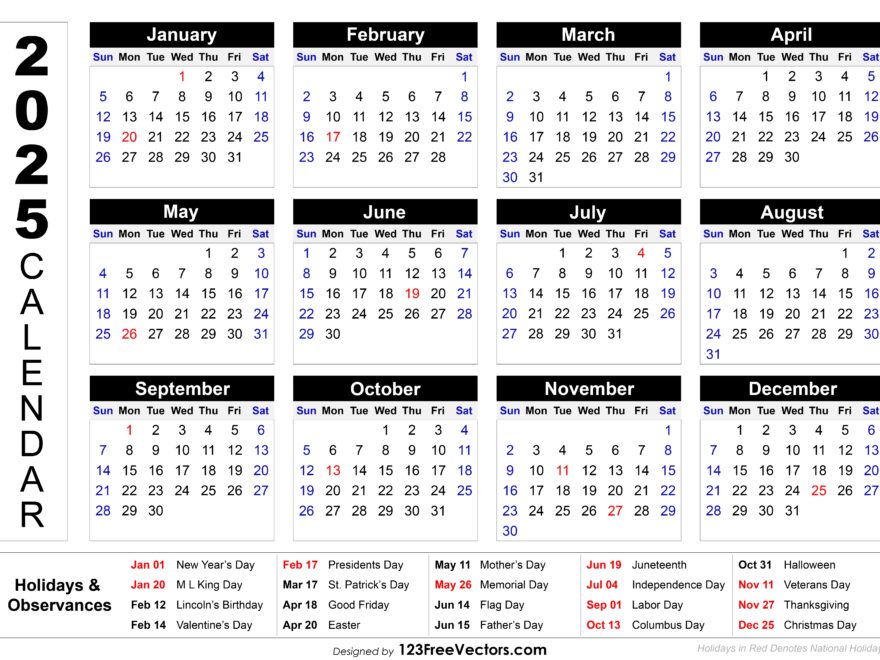 Free Download 2025 Printable Calendar With Holidays