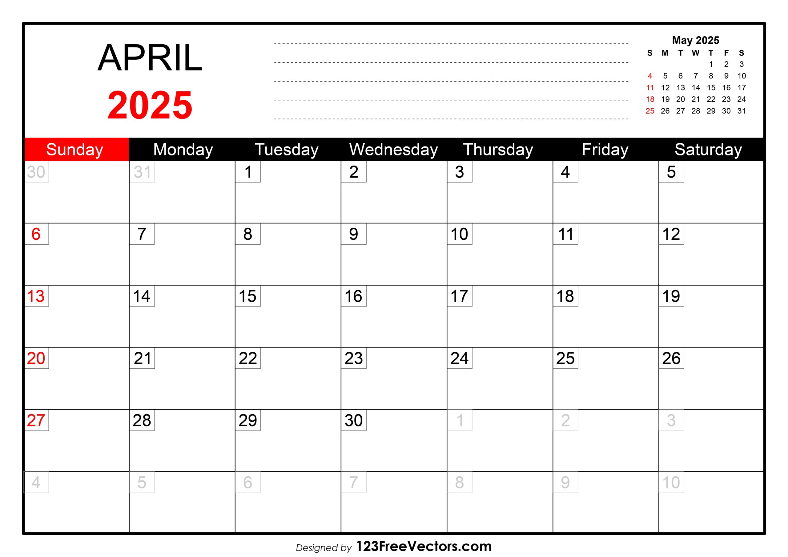 Free Download April 2025 Printable Calendar