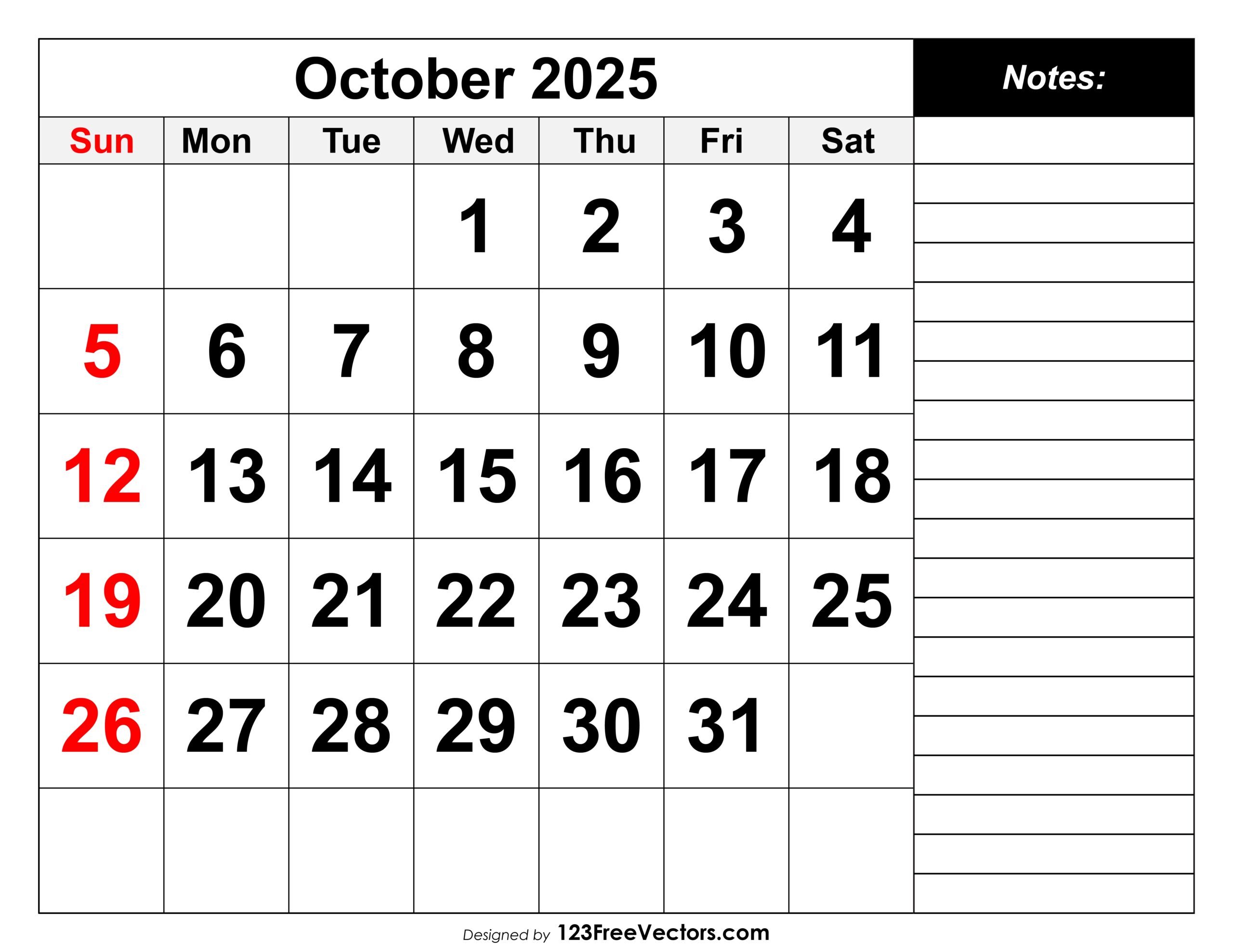Blank Calendar 2025 October Editable
